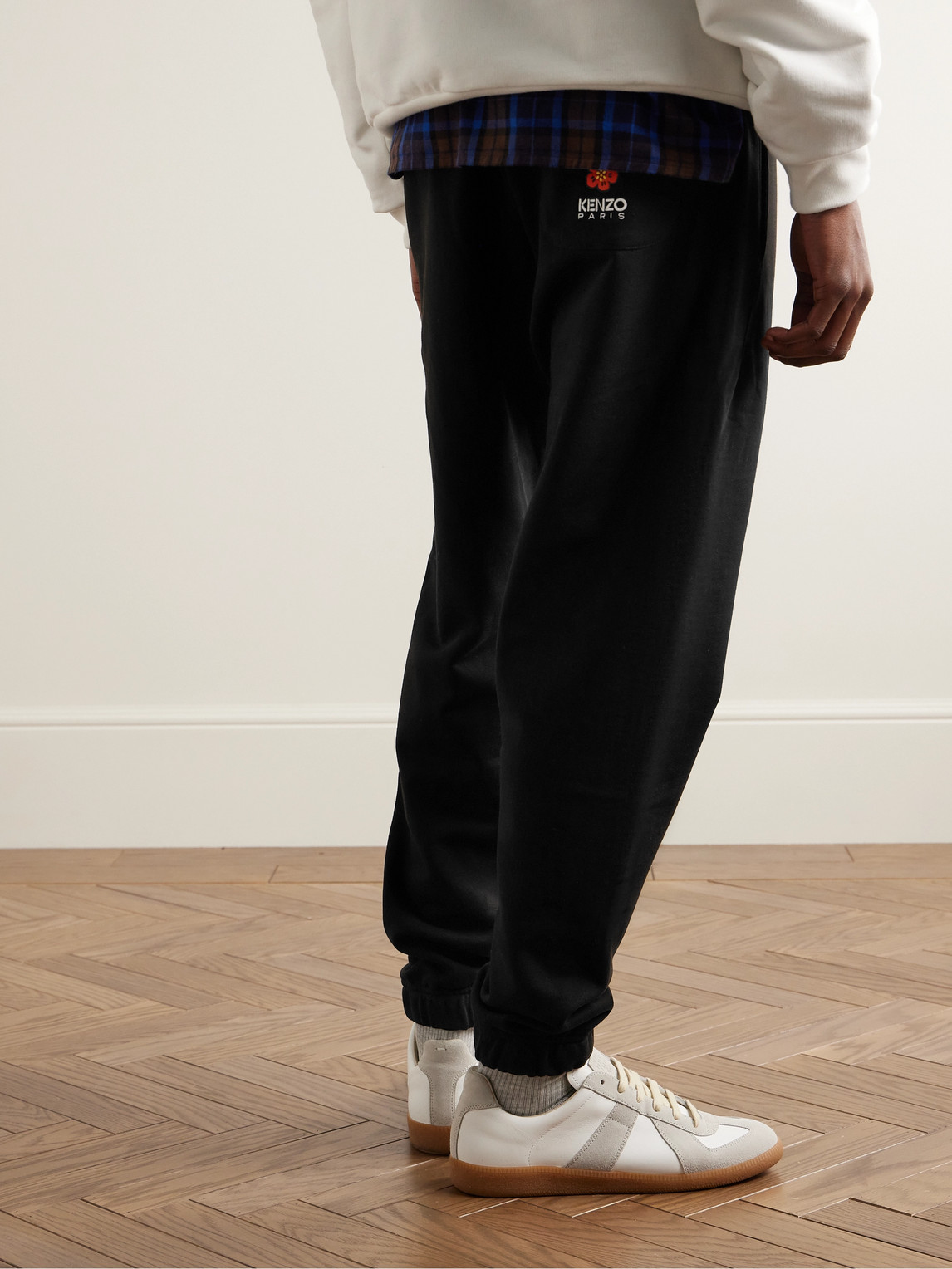 Shop Kenzo Boke Flower Tapered Logo-embroidered Cotton-jersey Sweatpants In Black