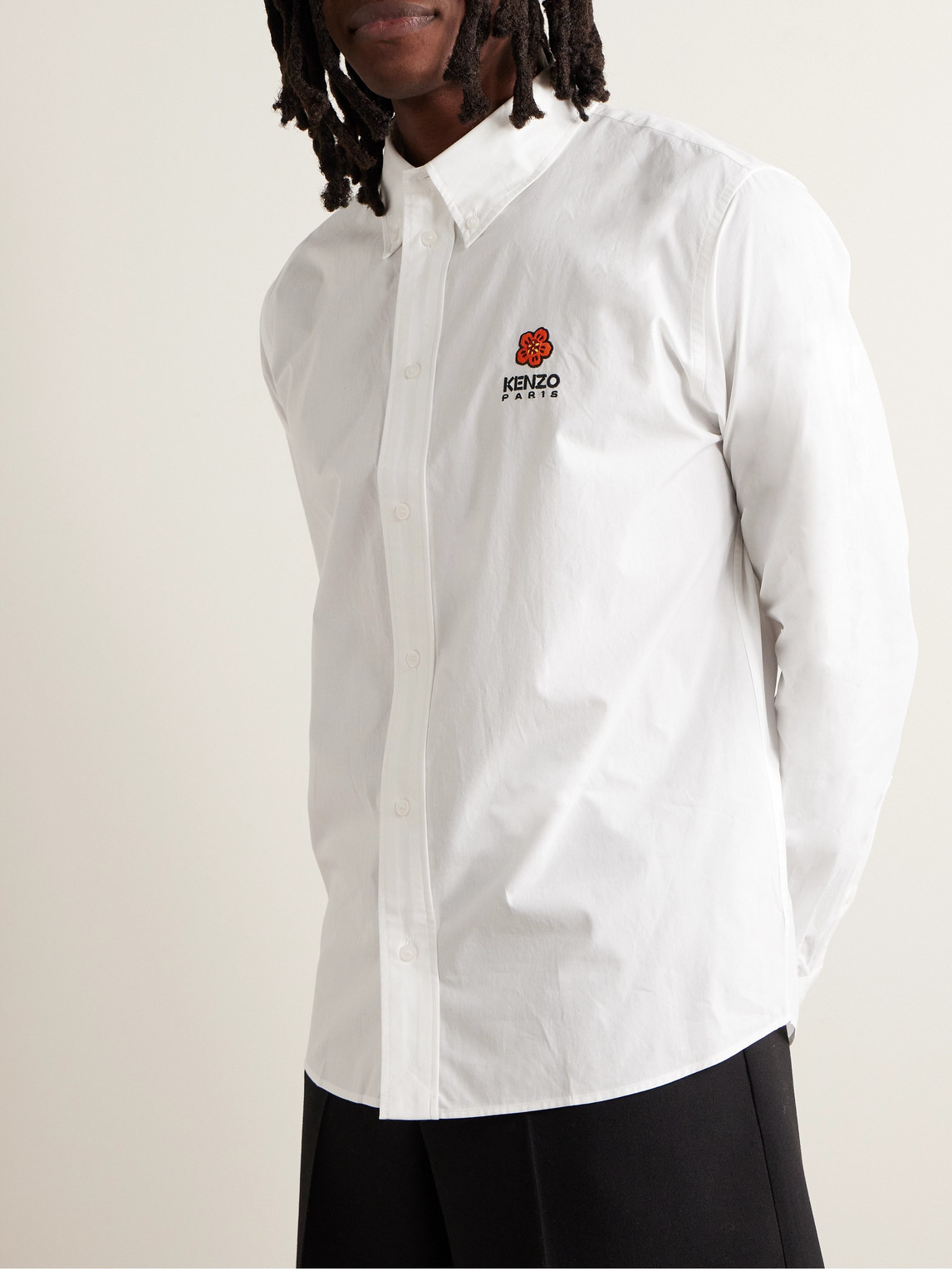 Shop Kenzo Button-down Collar Logo-embroidered Cotton-poplin Shirt In White