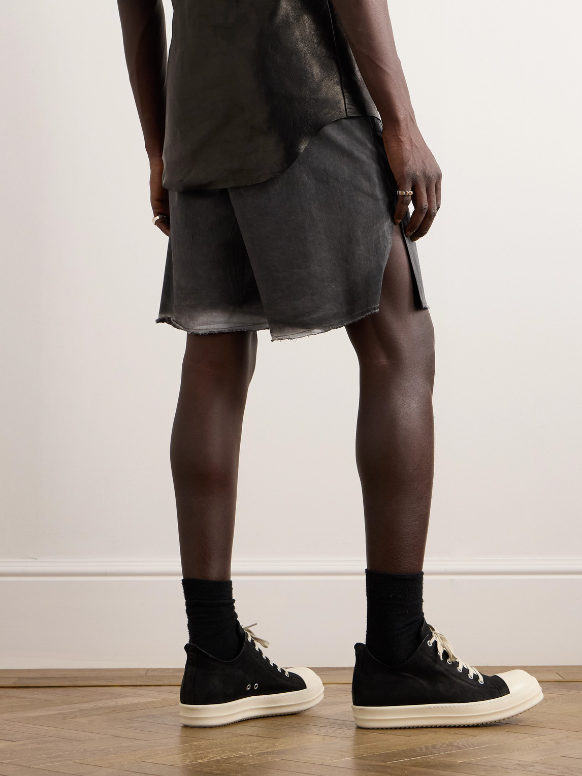 Shop Rick Owens Wide-leg Bleached Distressed Stretch-denim Drawstring Shorts In Gray
