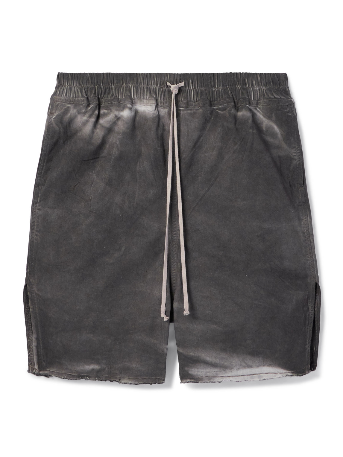 Wide-Leg Bleached Distressed Stretch-Denim Drawstring Shorts