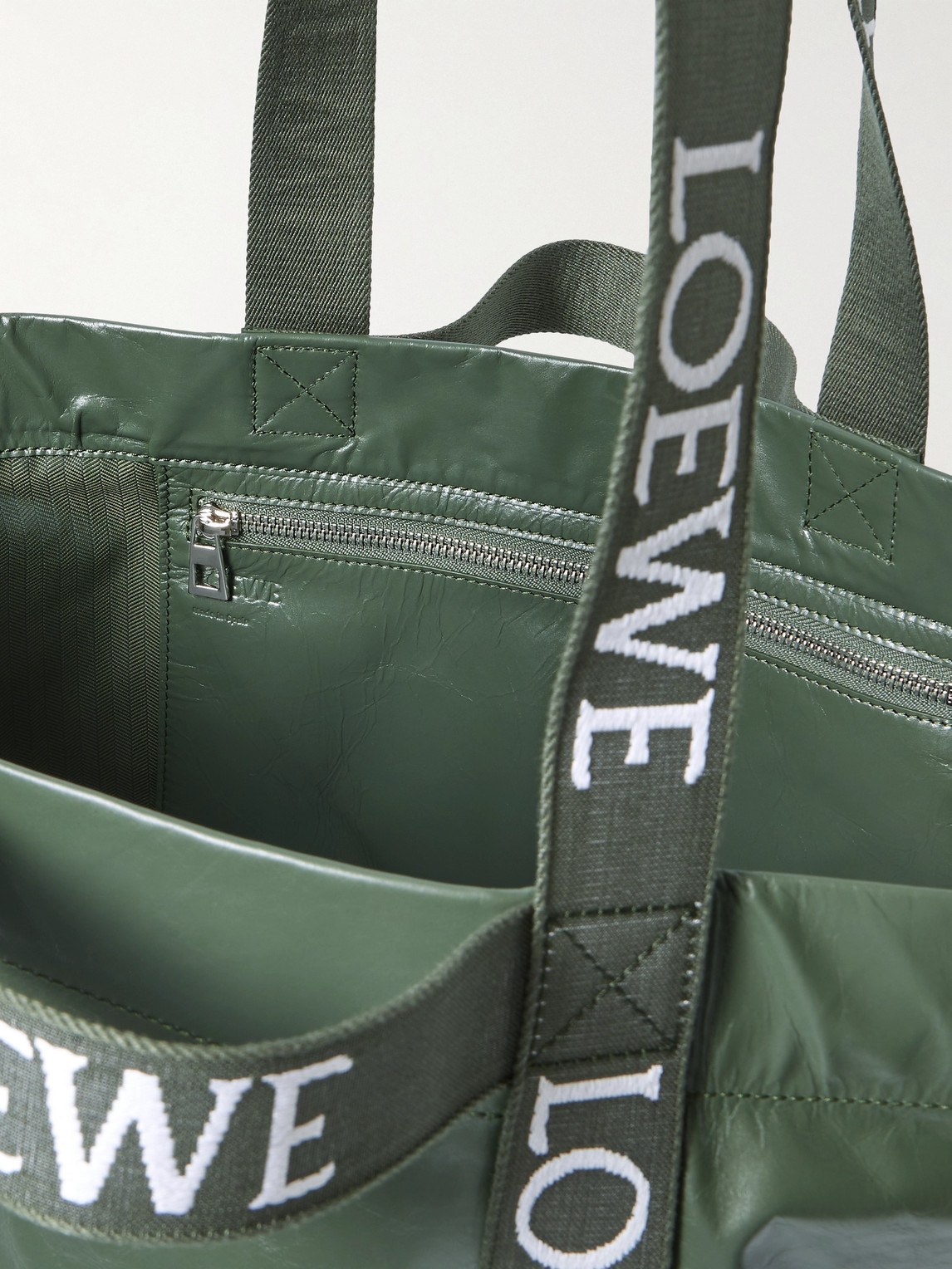 Shop Loewe Webbing-trimmed Crinkled-leather Tote Bag In Green