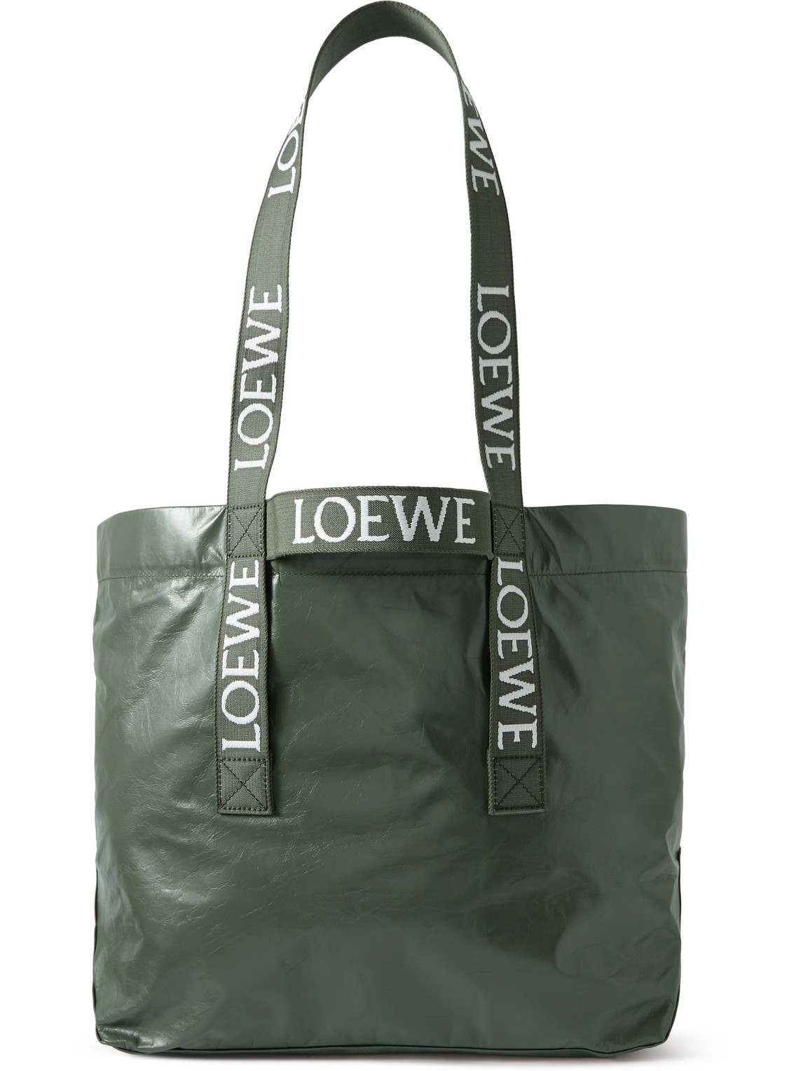 Webbing-Trimmed Crinkled-Leather Tote Bag