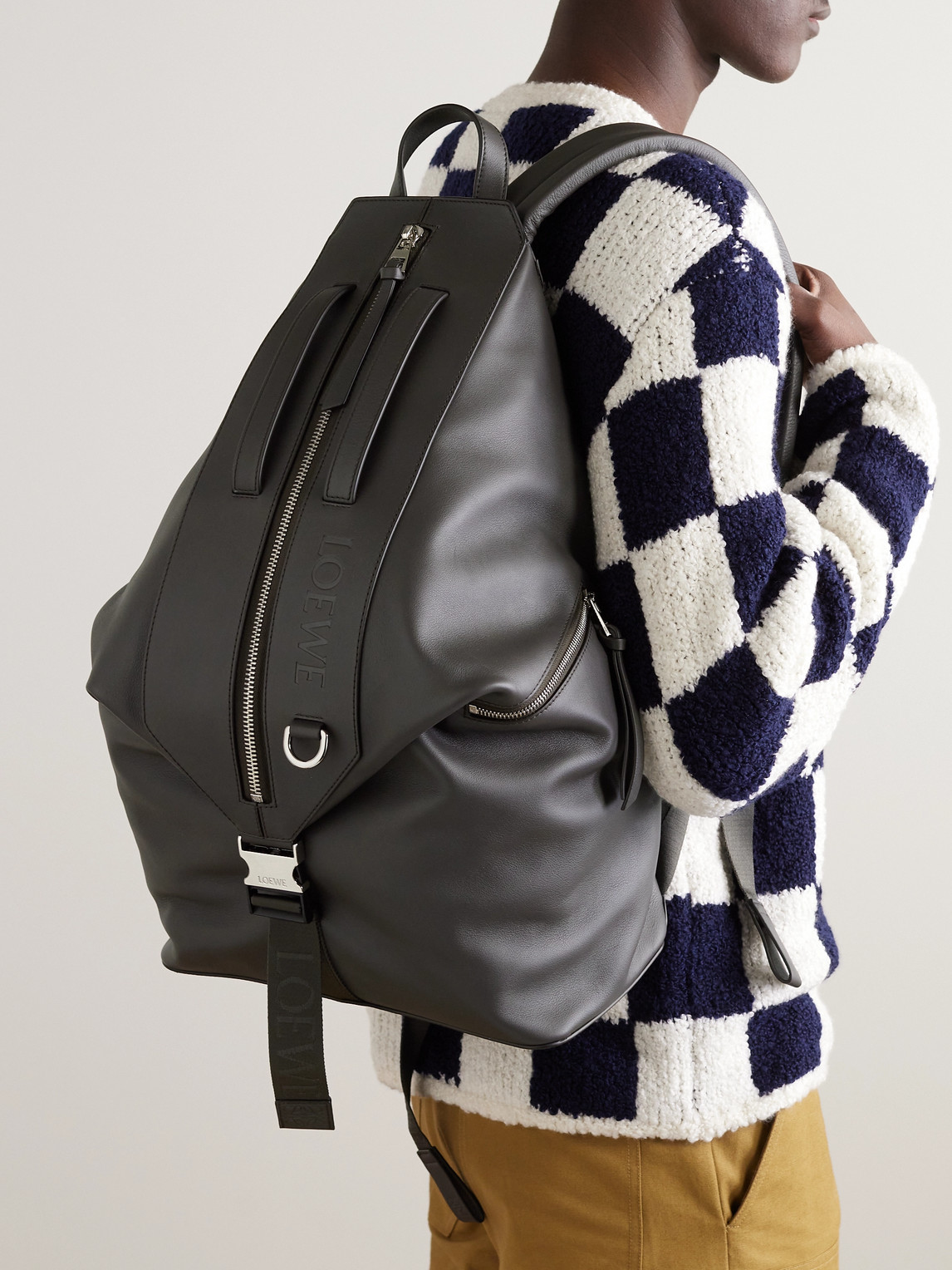 Shop Loewe Convertible Logo-debossed Leather Backpack In Gray