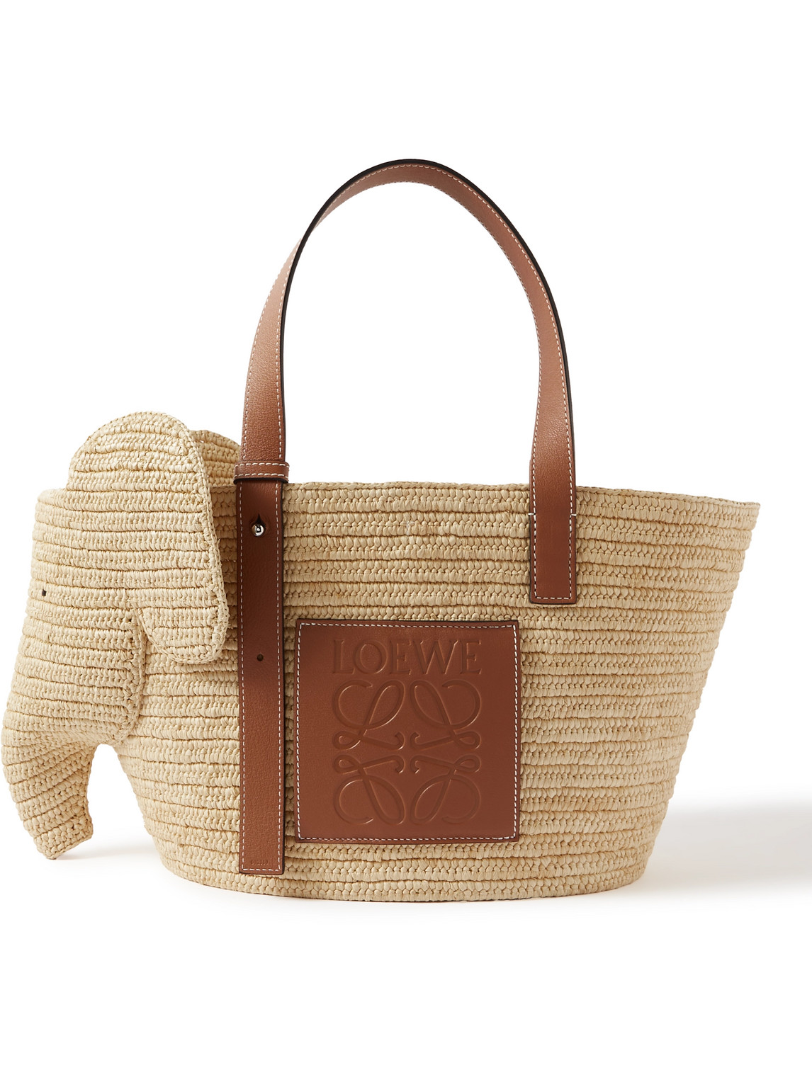 Loewe Elephant Leather-trimmed Raffia Tote Bag In Brown