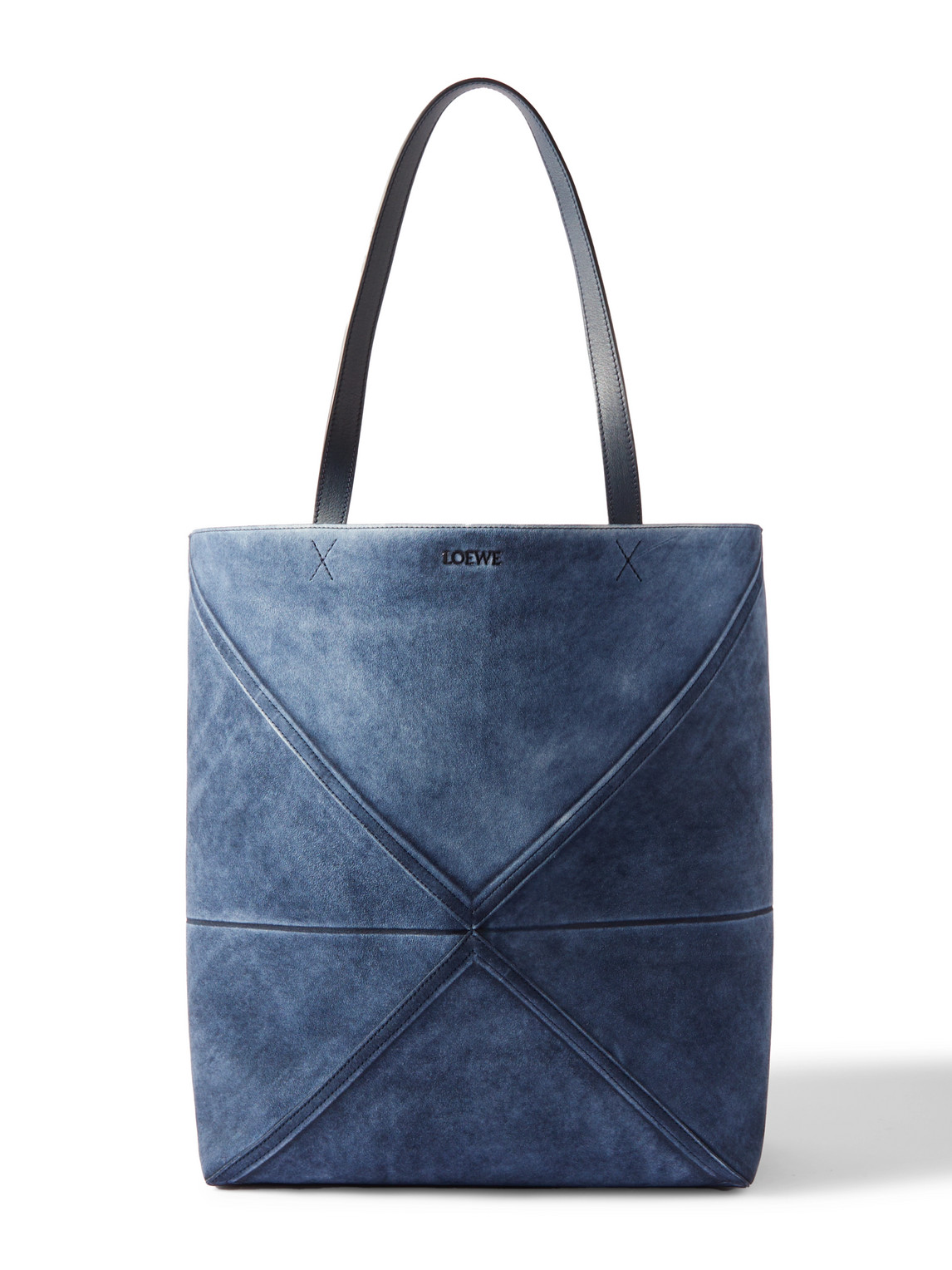 Loewe Puzzle Fold Leather-trimmed Suede Tote Bag In Blue