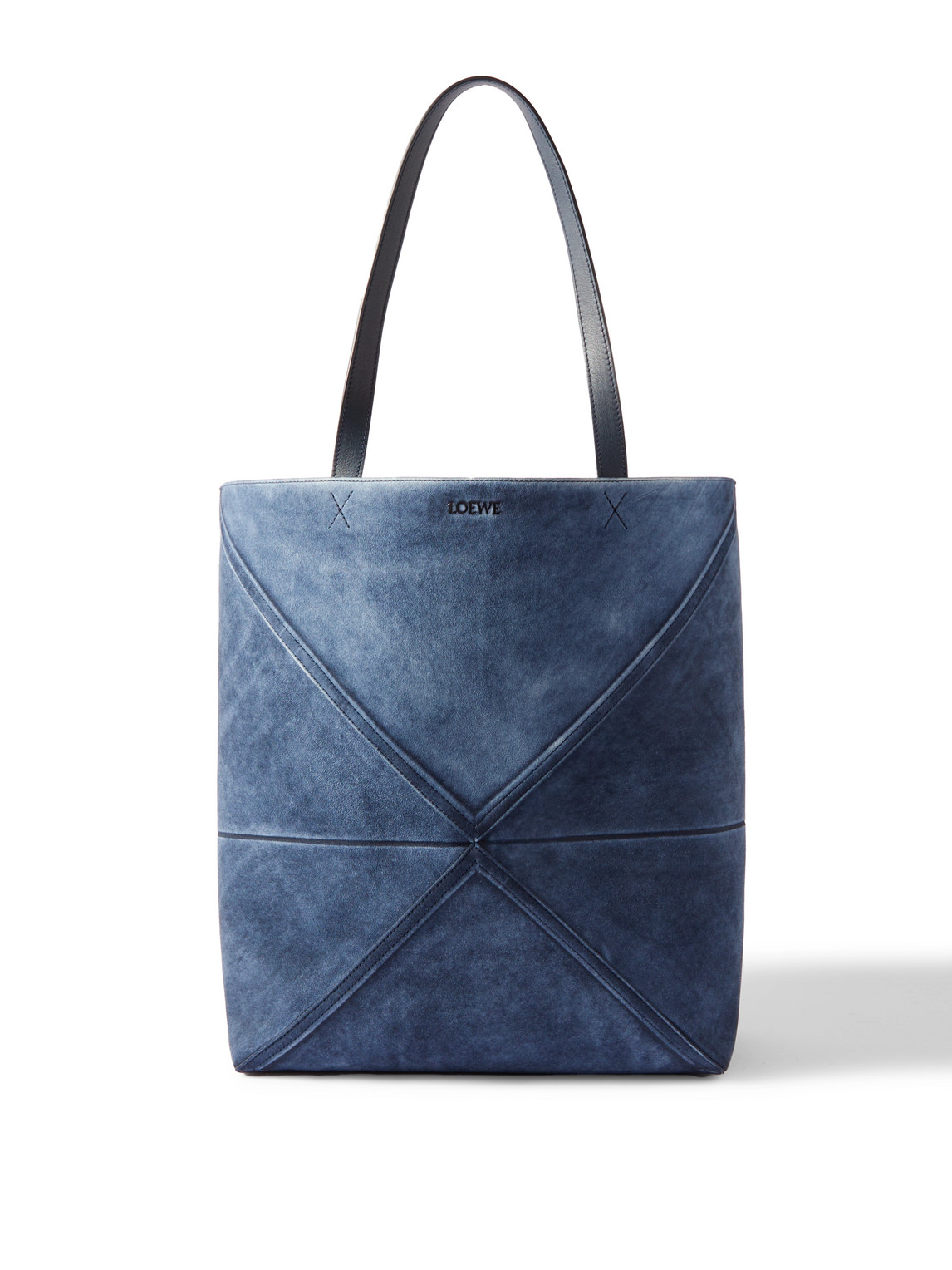 Loewe Puzzle Fold Leather-trimmed Suede Tote Bag In Blue