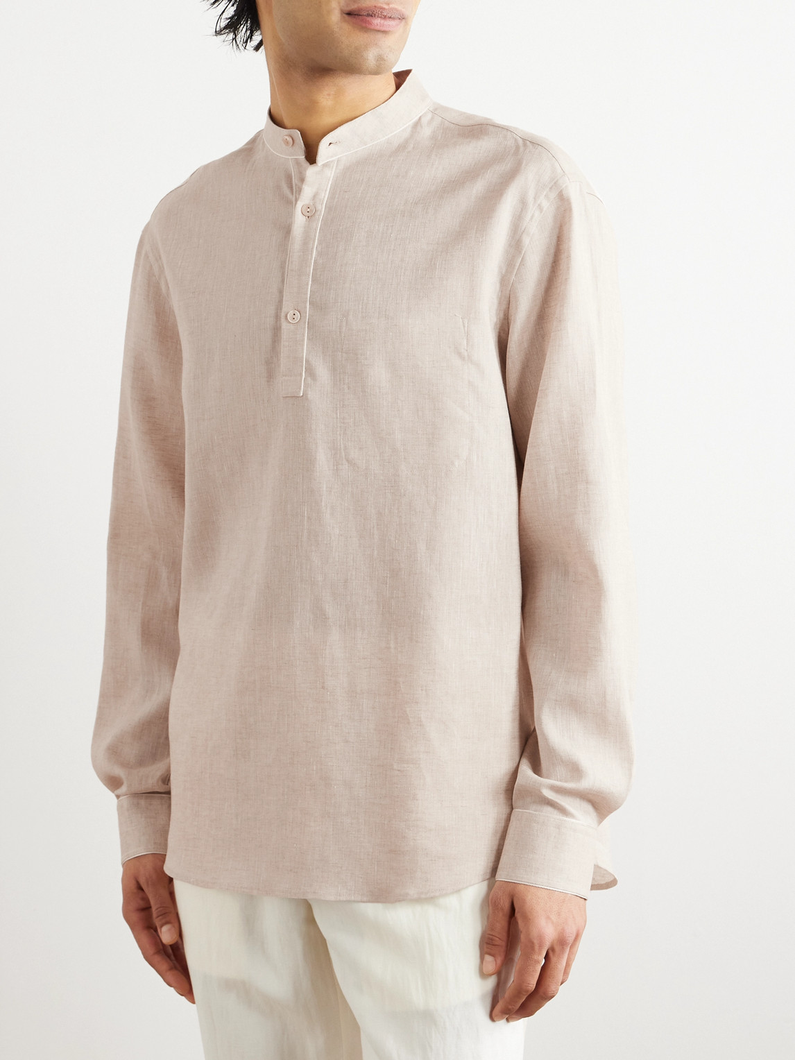Shop Agnona Grandad-collar Linen Shirt In Neutrals