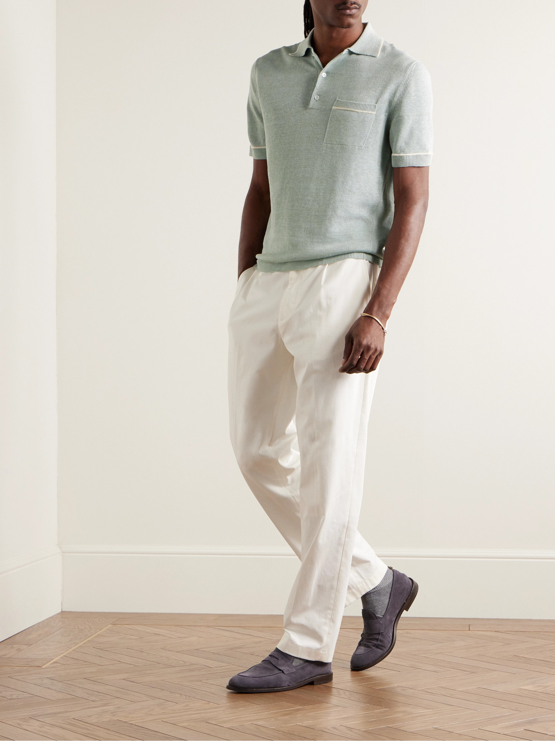 Shop Agnona Slim-fit Linen Polo Shirt In Green