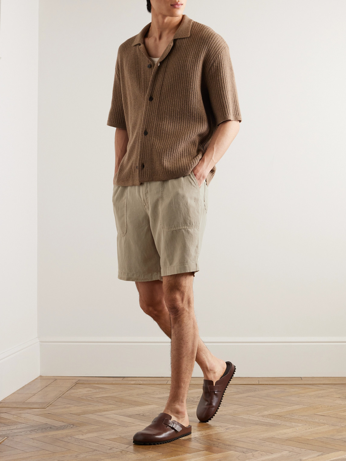 Shop Altea Straight-leg Lyocell And Linen-blend Twill Bermuda Shorts In Neutrals