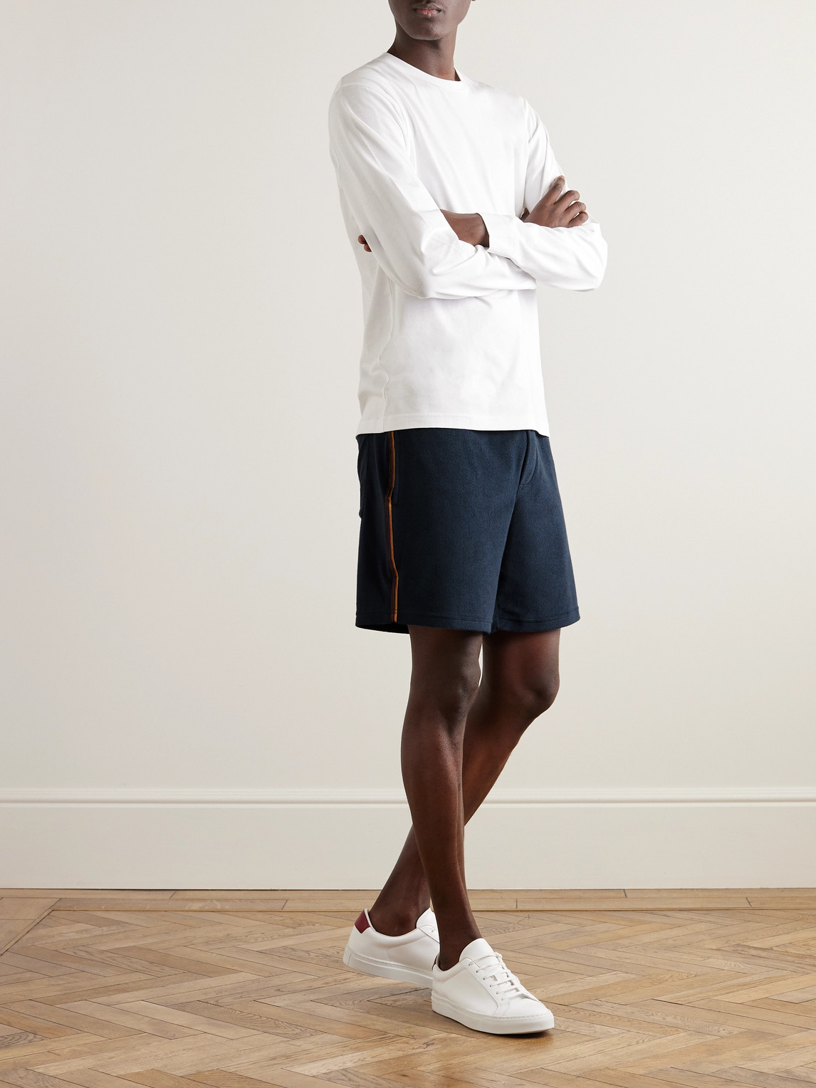 Shop Paul Smith Straight-leg Webbing-trimmed Cotton-blend Terry Drawstring Shorts In Blue