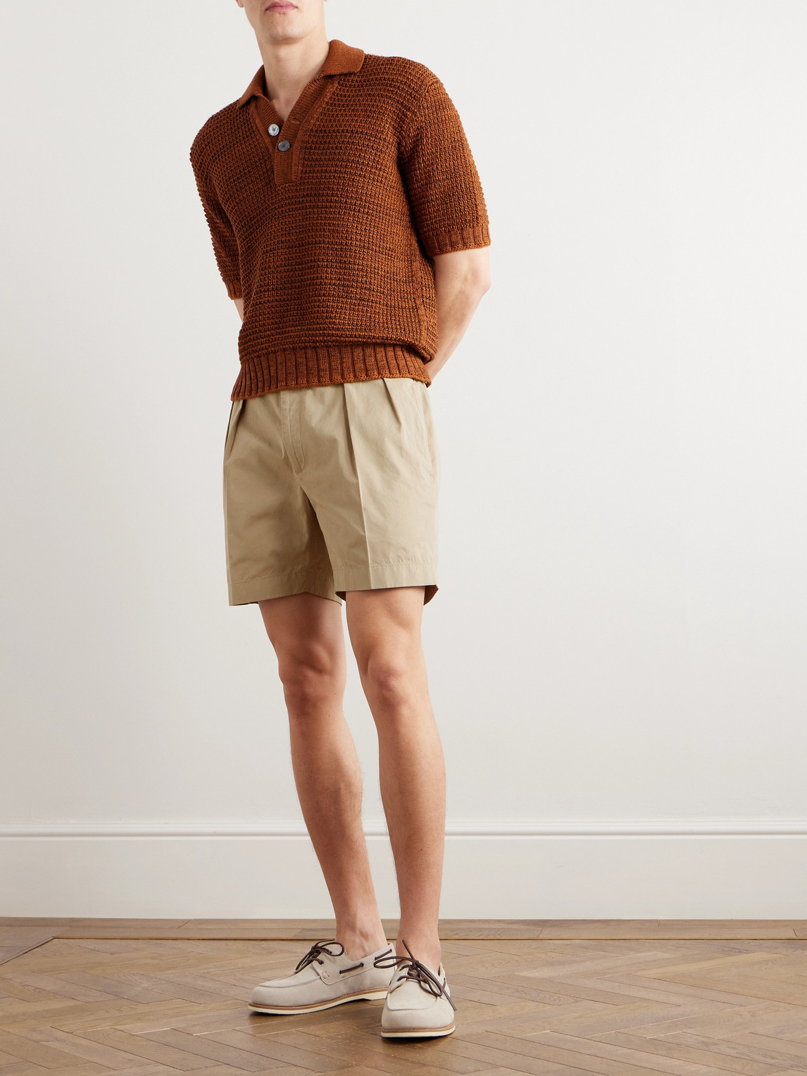 Shop Ralph Lauren Purple Label Straight-leg Pleated Cotton-twill Shorts In Brown
