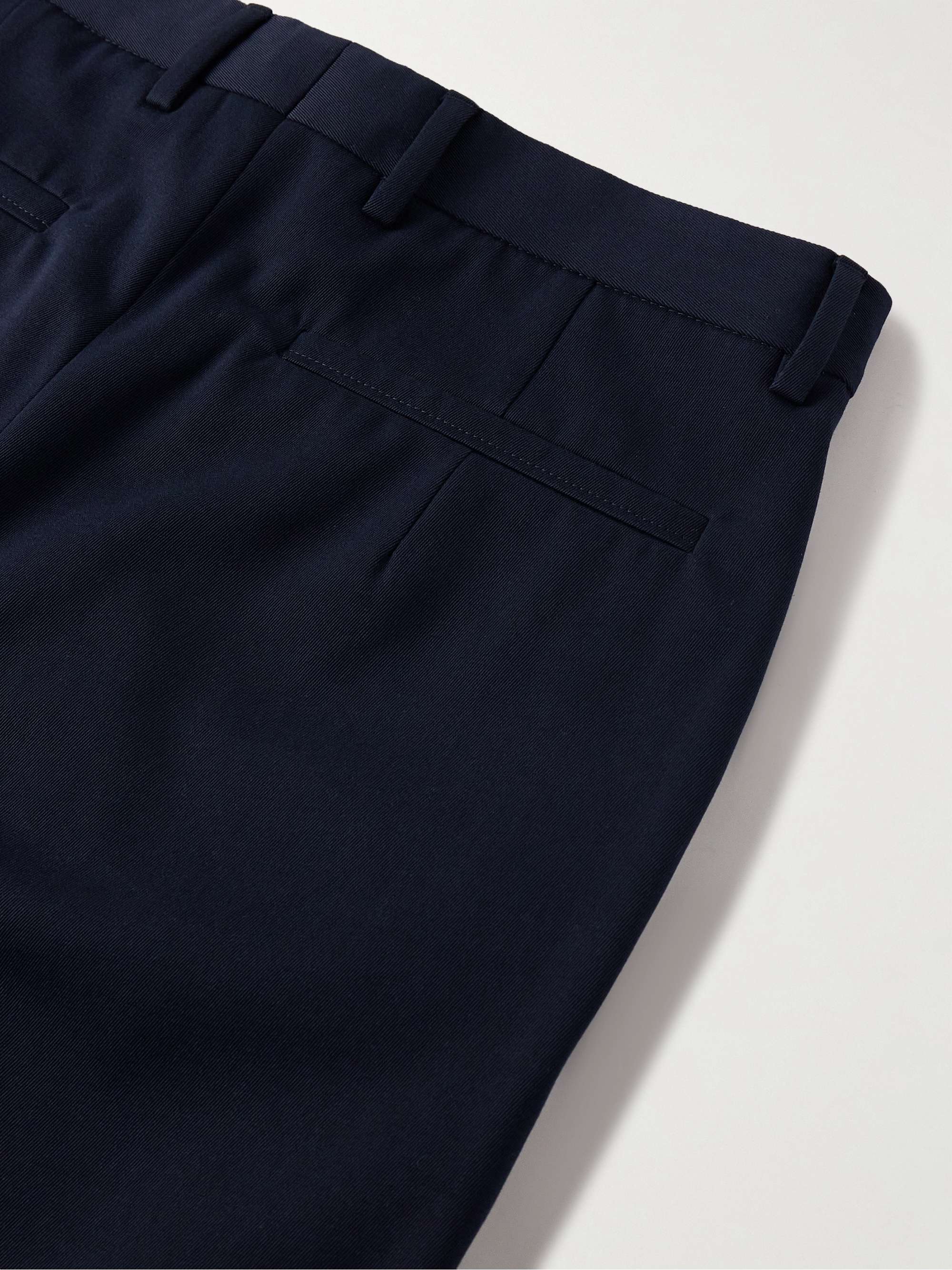 Navy Slim-Fit Pleated Cotton and Wool-Blend Twill Trousers Navy Slim-Fit Pleated Cotton and Wool-Blend Twill Trousers
