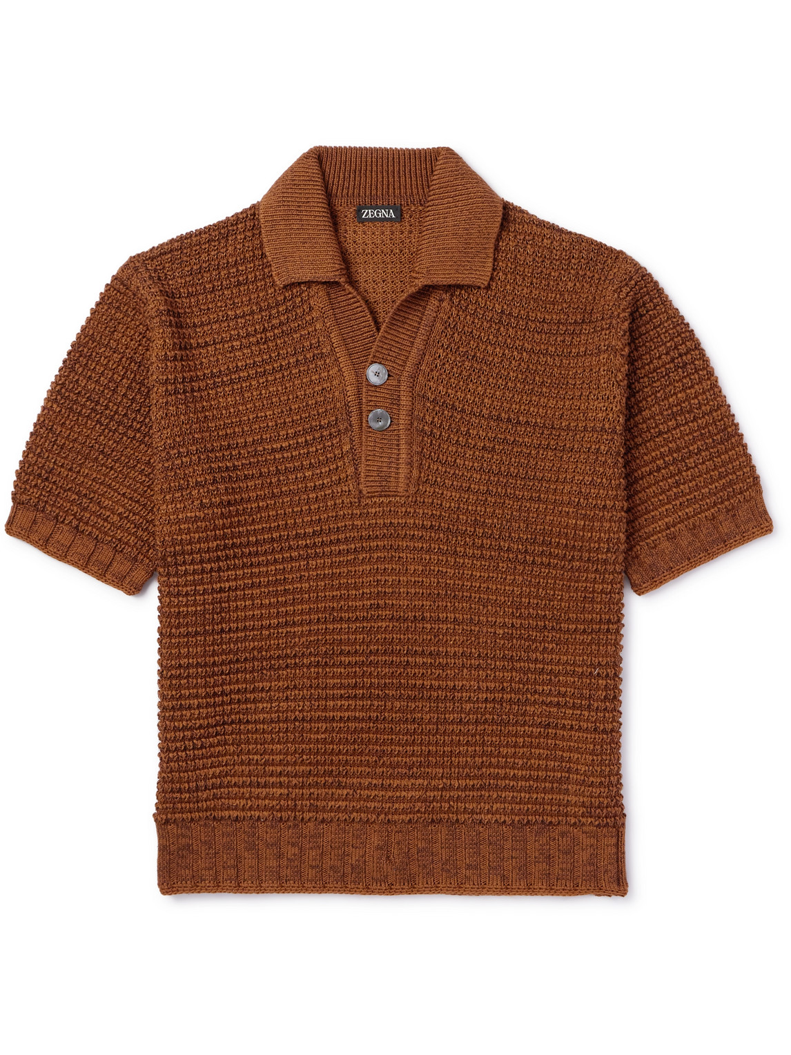 Zegna Open-knit Cotton, Linen, Silk And Cashmere-blend Polo Shirt In Brown