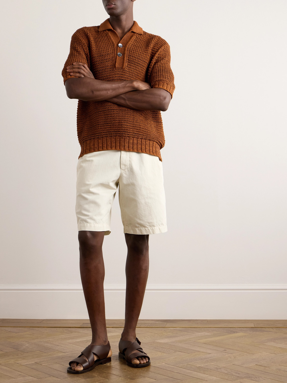 Shop Zegna Straight-leg Pleated Cotton And Linen-blend Twill Shorts In Neutrals