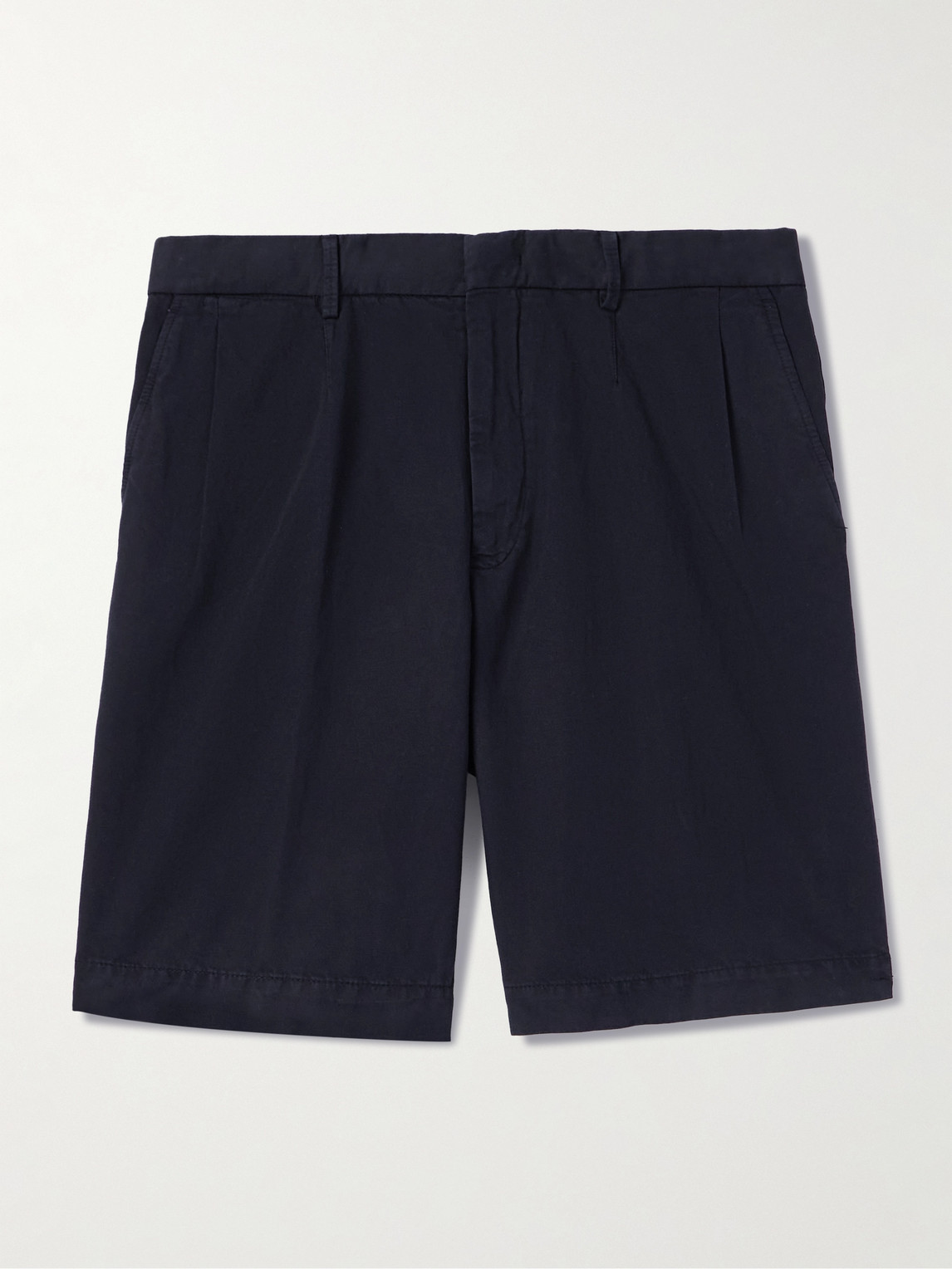 Zegna Straight-leg Pleated Cotton And Linen-blend Twill Shorts In Blue
