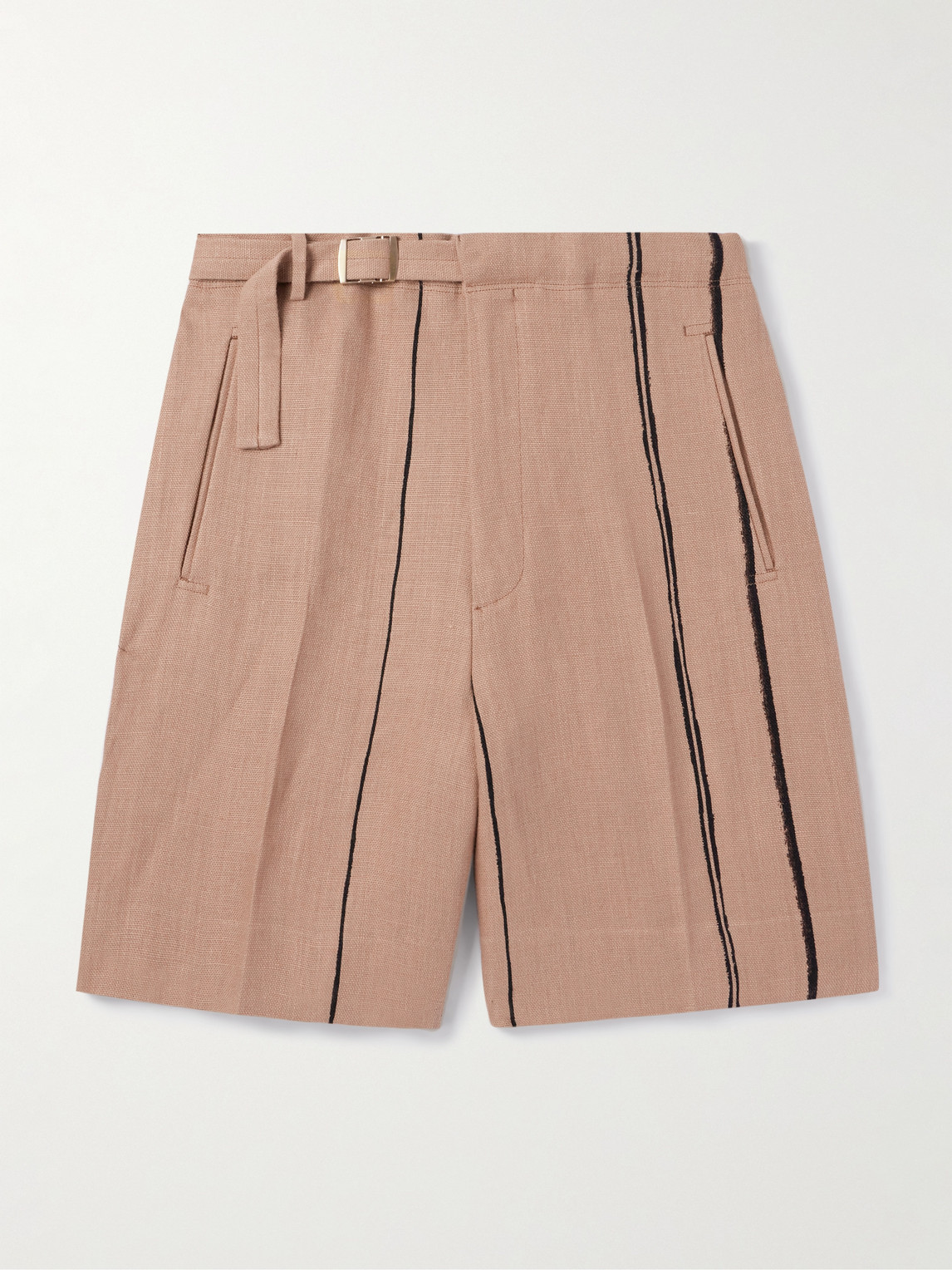 Zegna Wide-leg Belted Striped Oasi Lino Shorts In Brown