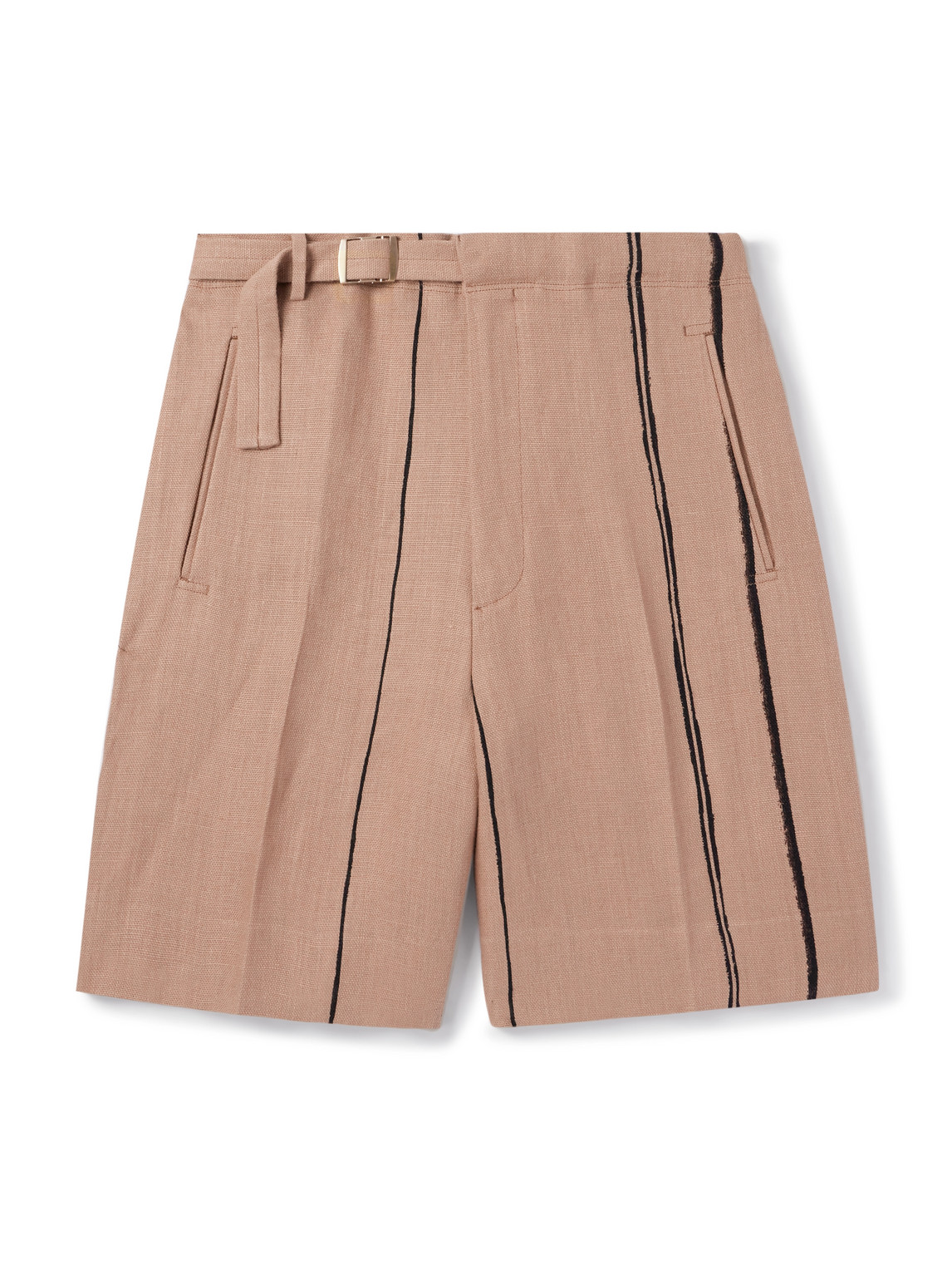 Zegna Wide-leg Belted Striped Oasi Lino Shorts In Brown