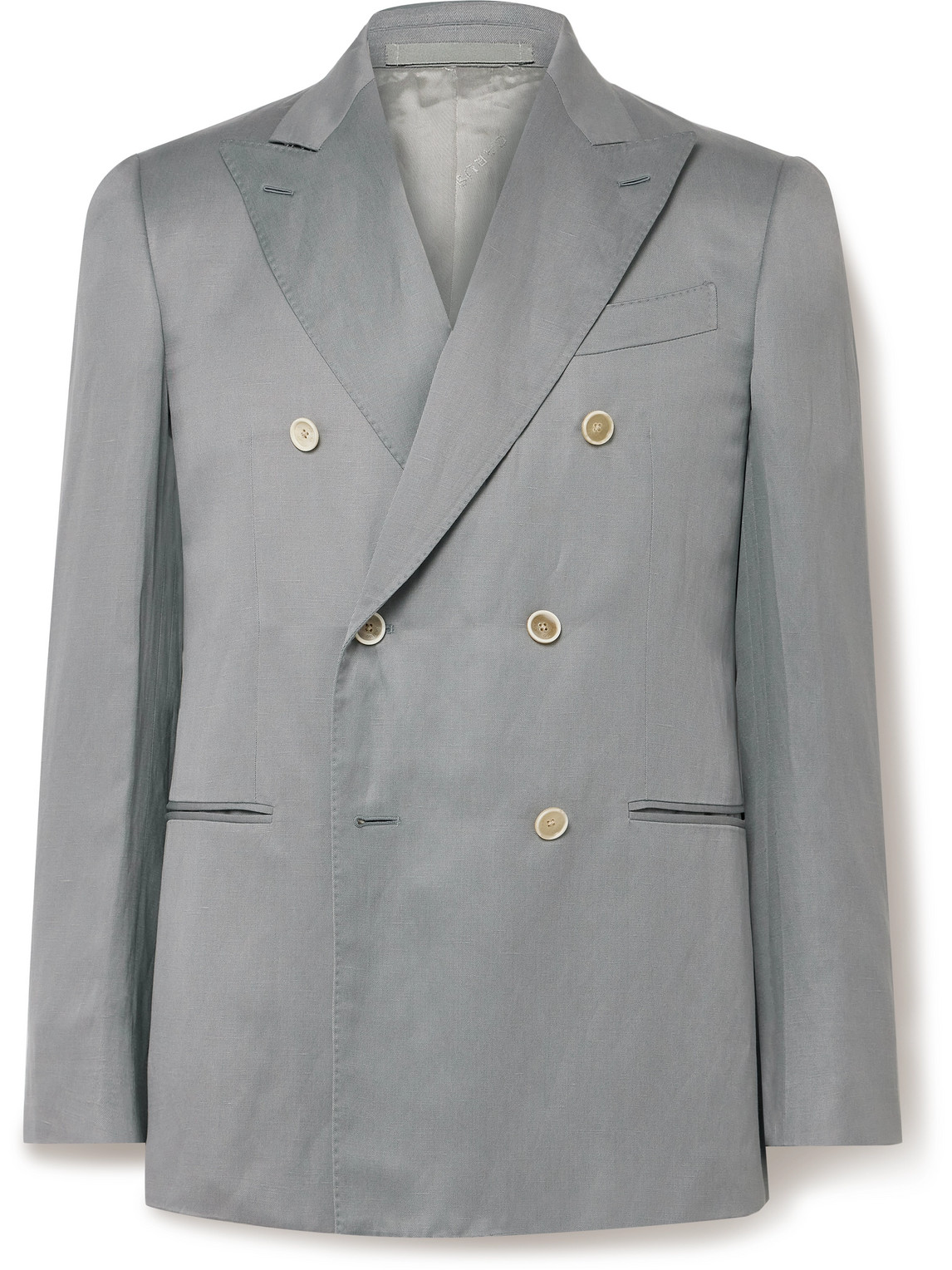 Caruso Slim-fit Double-breasted Silk And Linen-blend Blazer In Gray