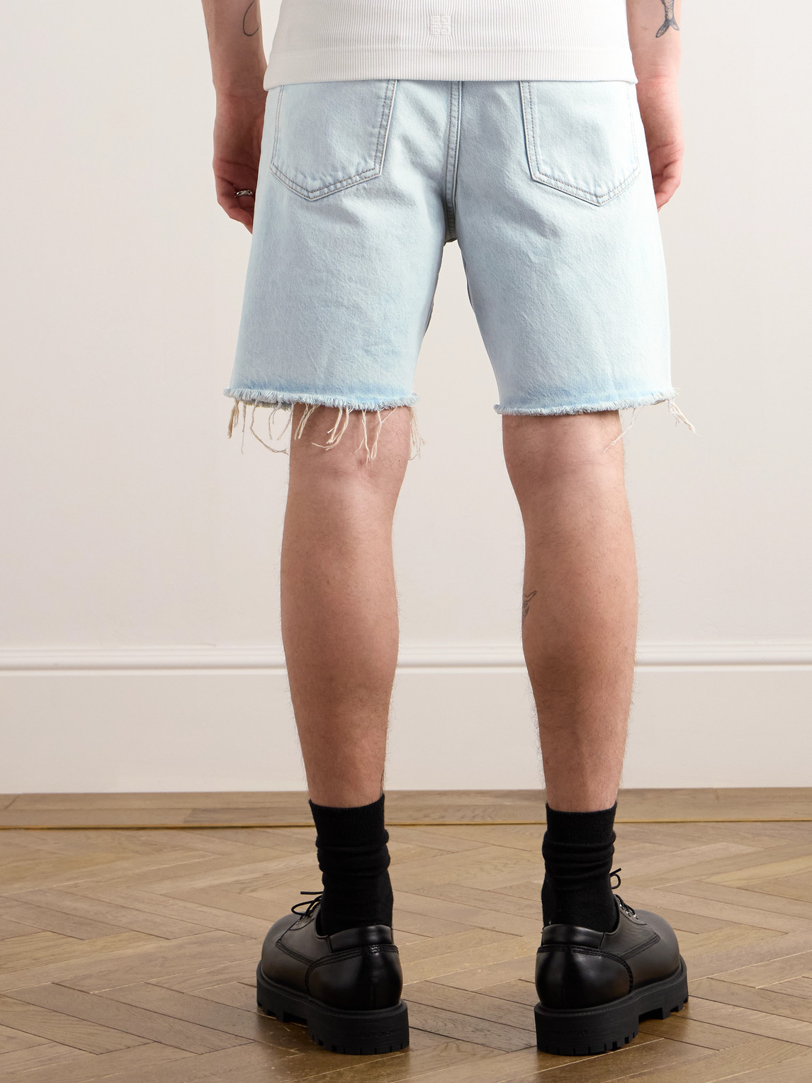 Shop Givenchy Straight-leg Distressed Denim Bermuda Shorts In Blue