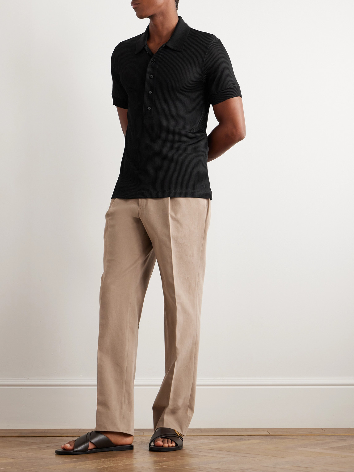 Shop Tom Ford Slim-fit Ribbed-knit Polo Shirt In Black