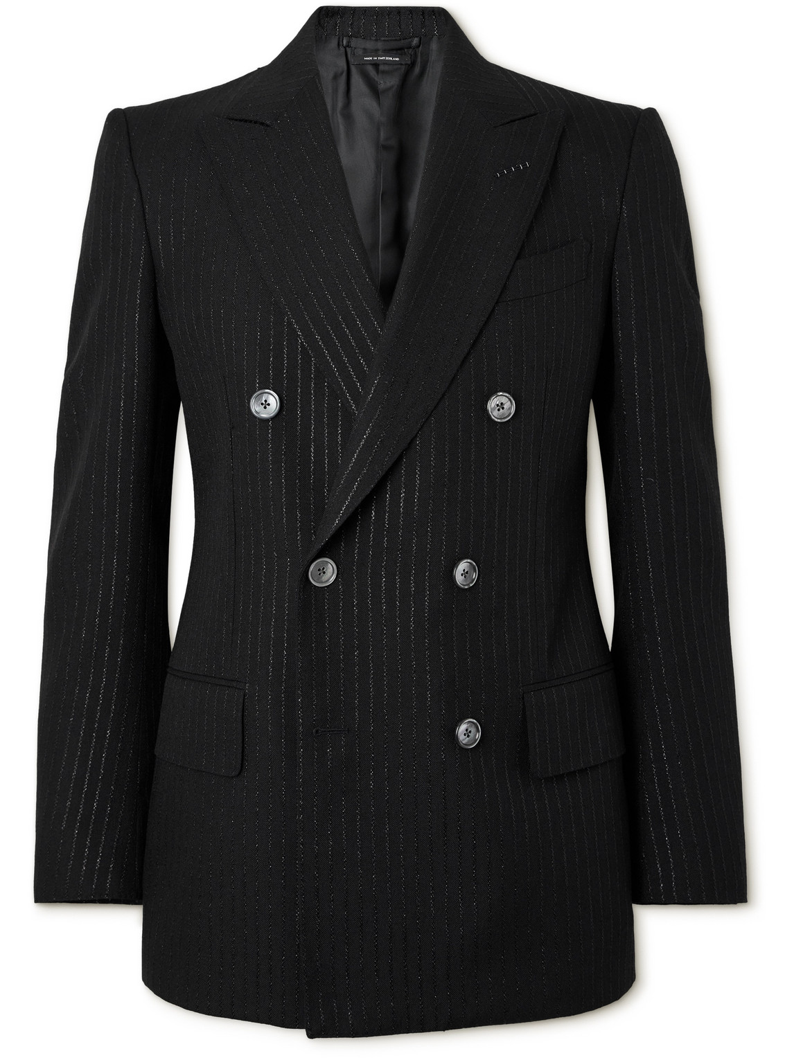 Tom Ford Double-breasted Striped Metallic Woven Tuxedo Jacket In Black