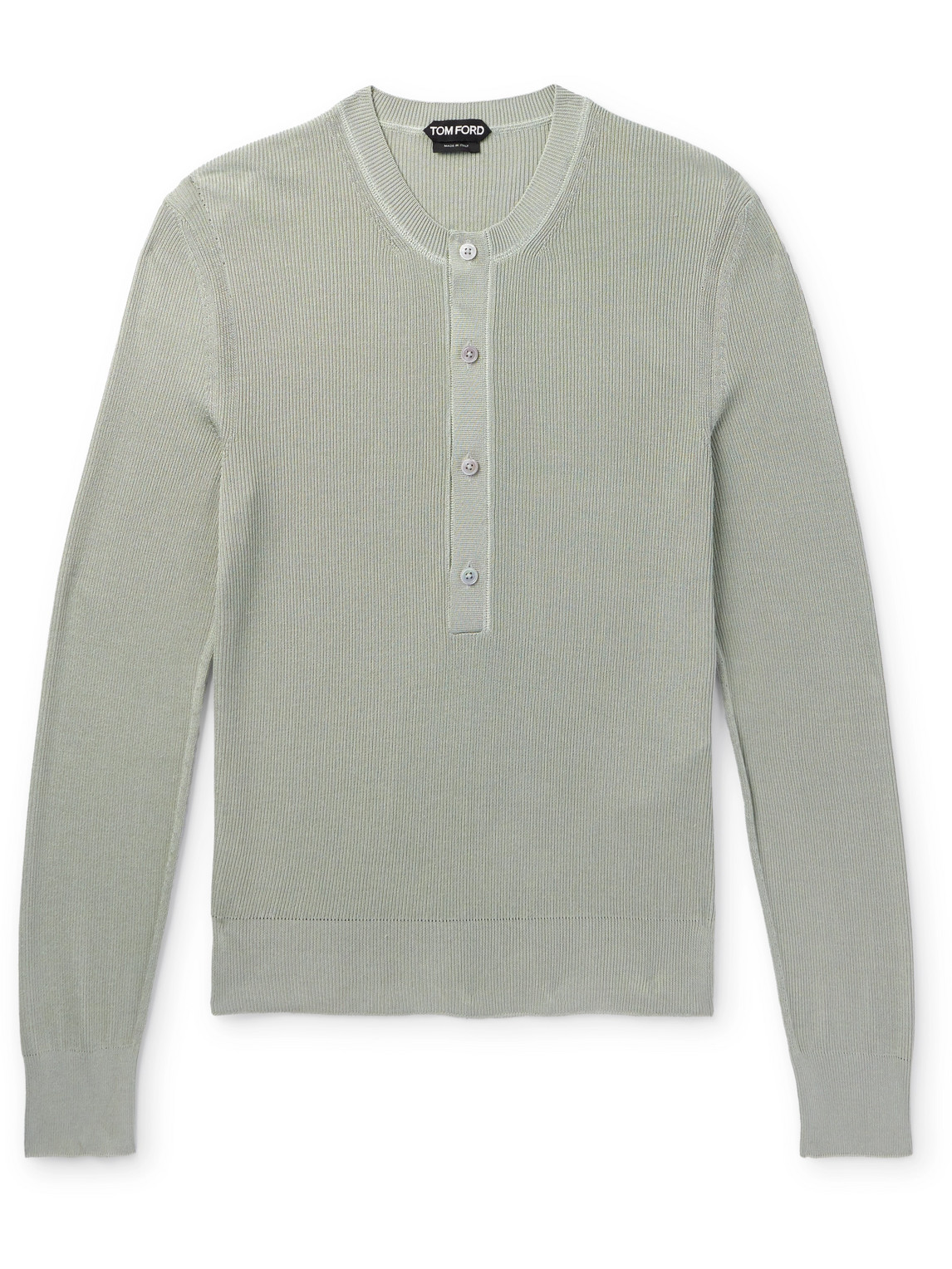 Tom Ford Ribbed Silk-blend Henley Shirt In Green