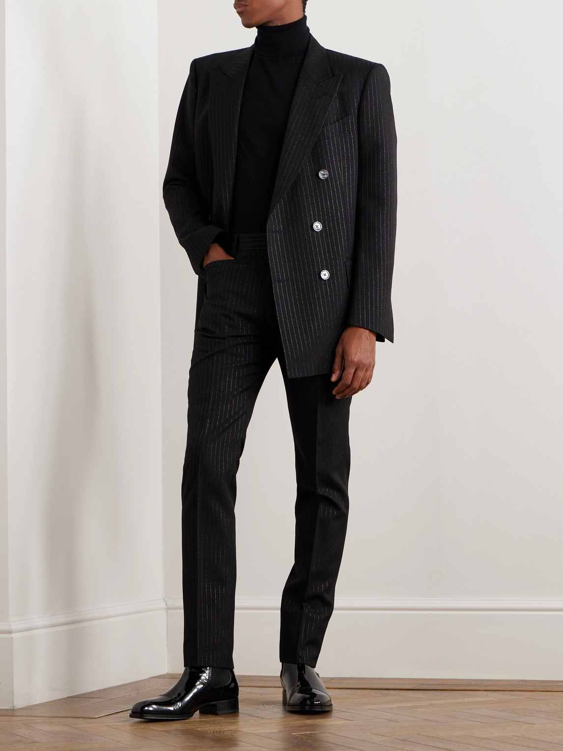 Shop Tom Ford Slim-fit Straight-leg Striped Metallic Woven Tuxedo Trousers In Black