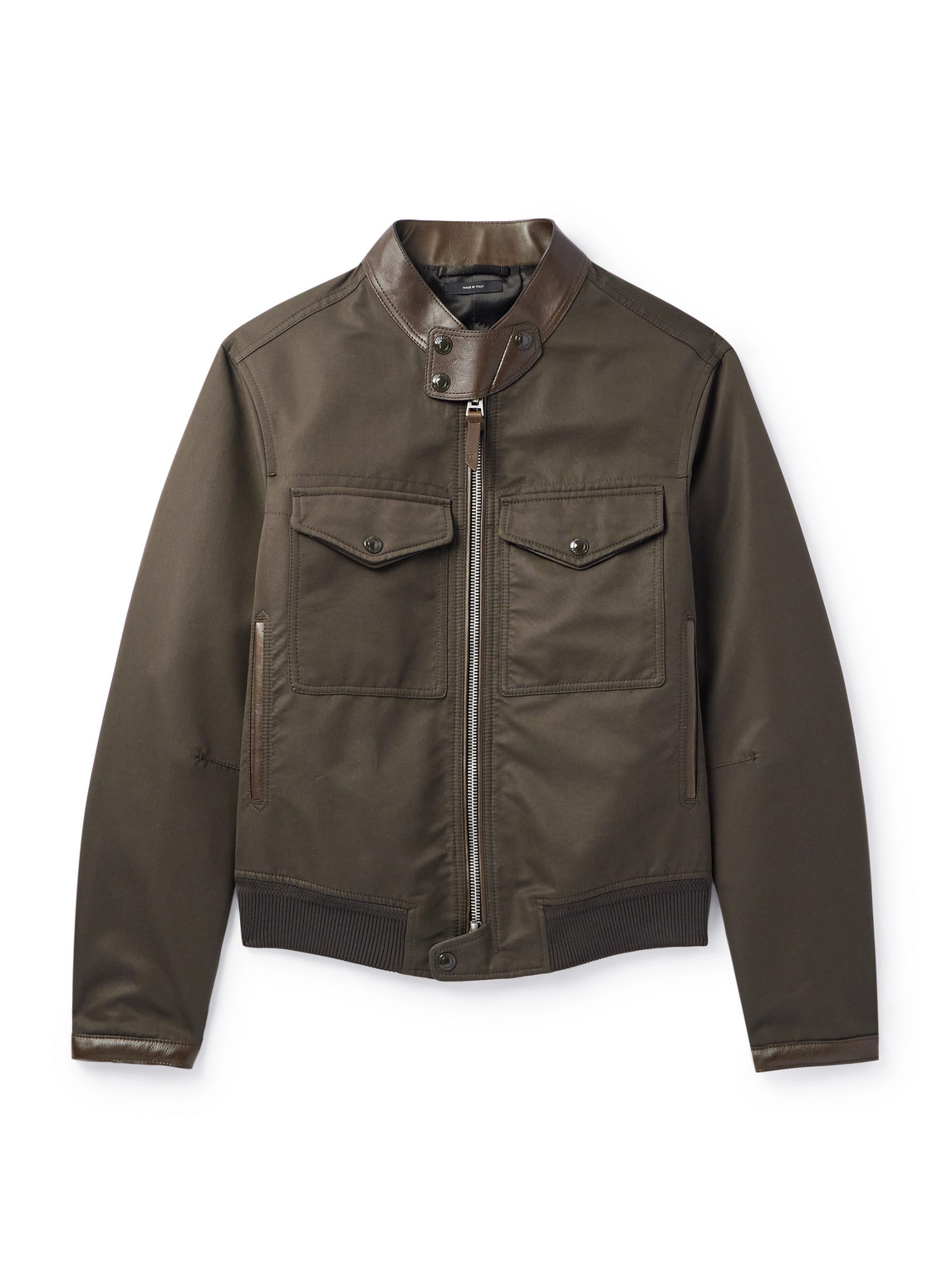 Leather-Trimmed Cotton-Blend Bomber Jacket