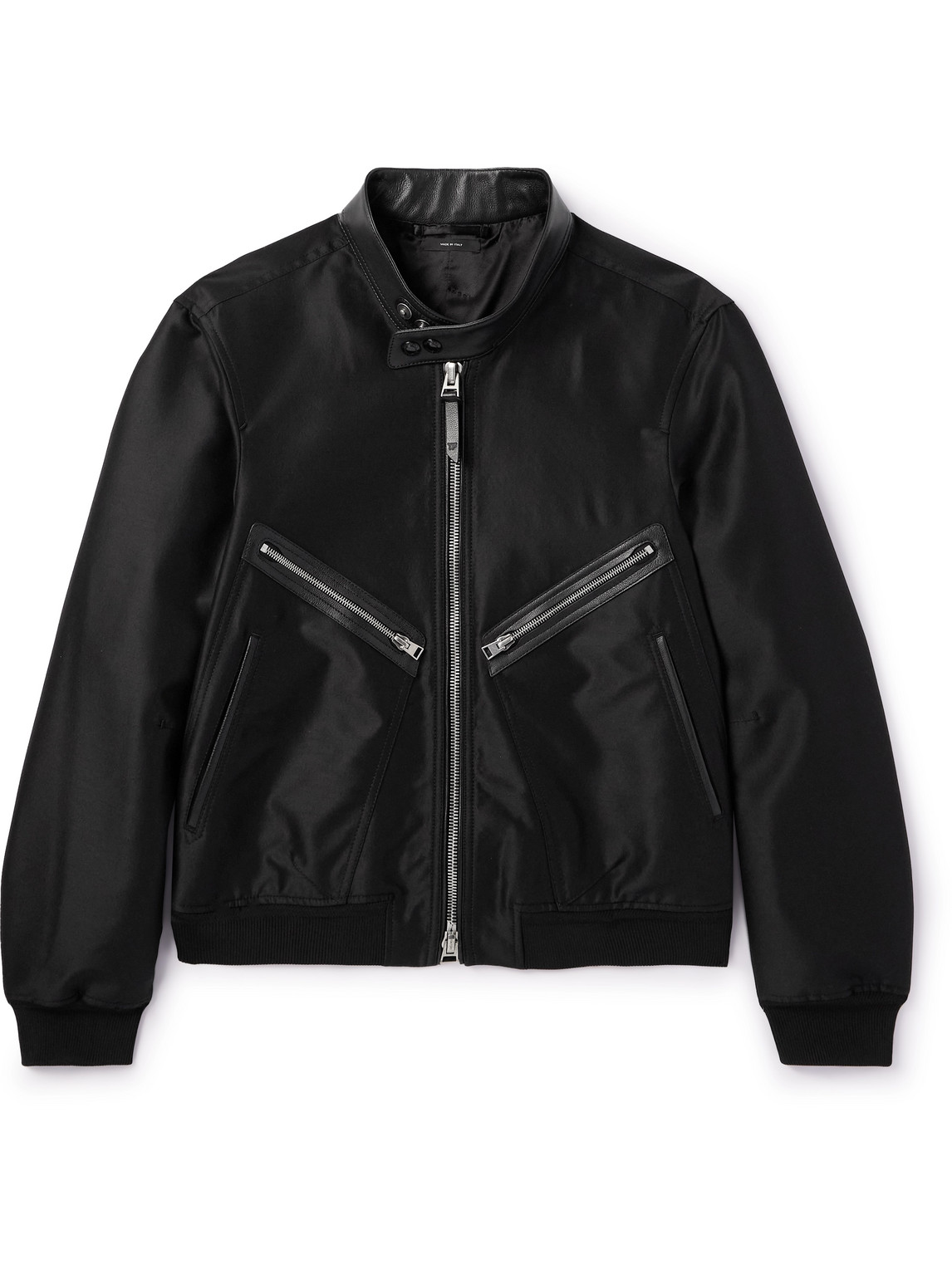 Leather-Trimmed Wool and Silk-Blend Bomber Jacket