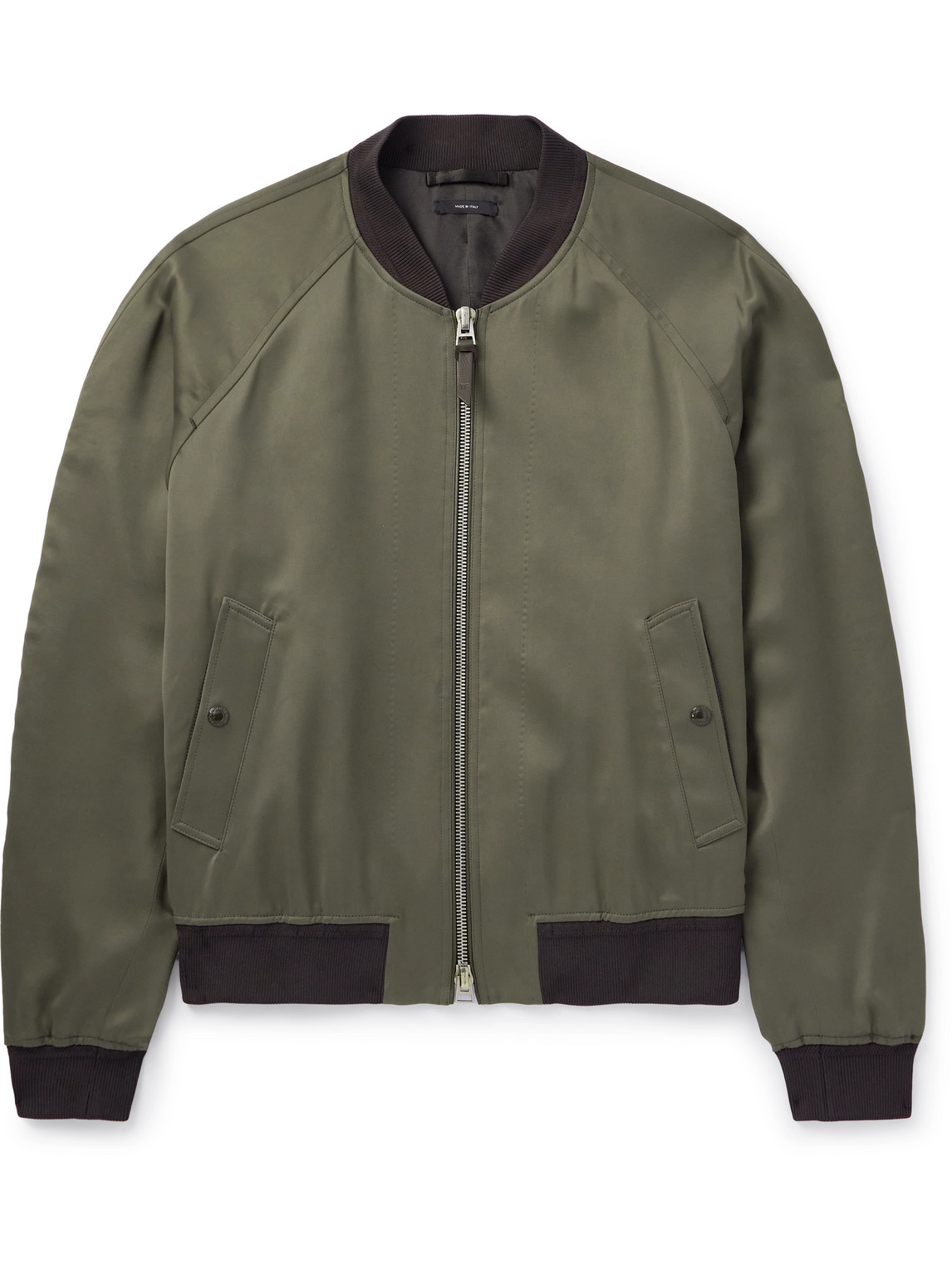 Leather-Trimmed Satin Bomber Jacket