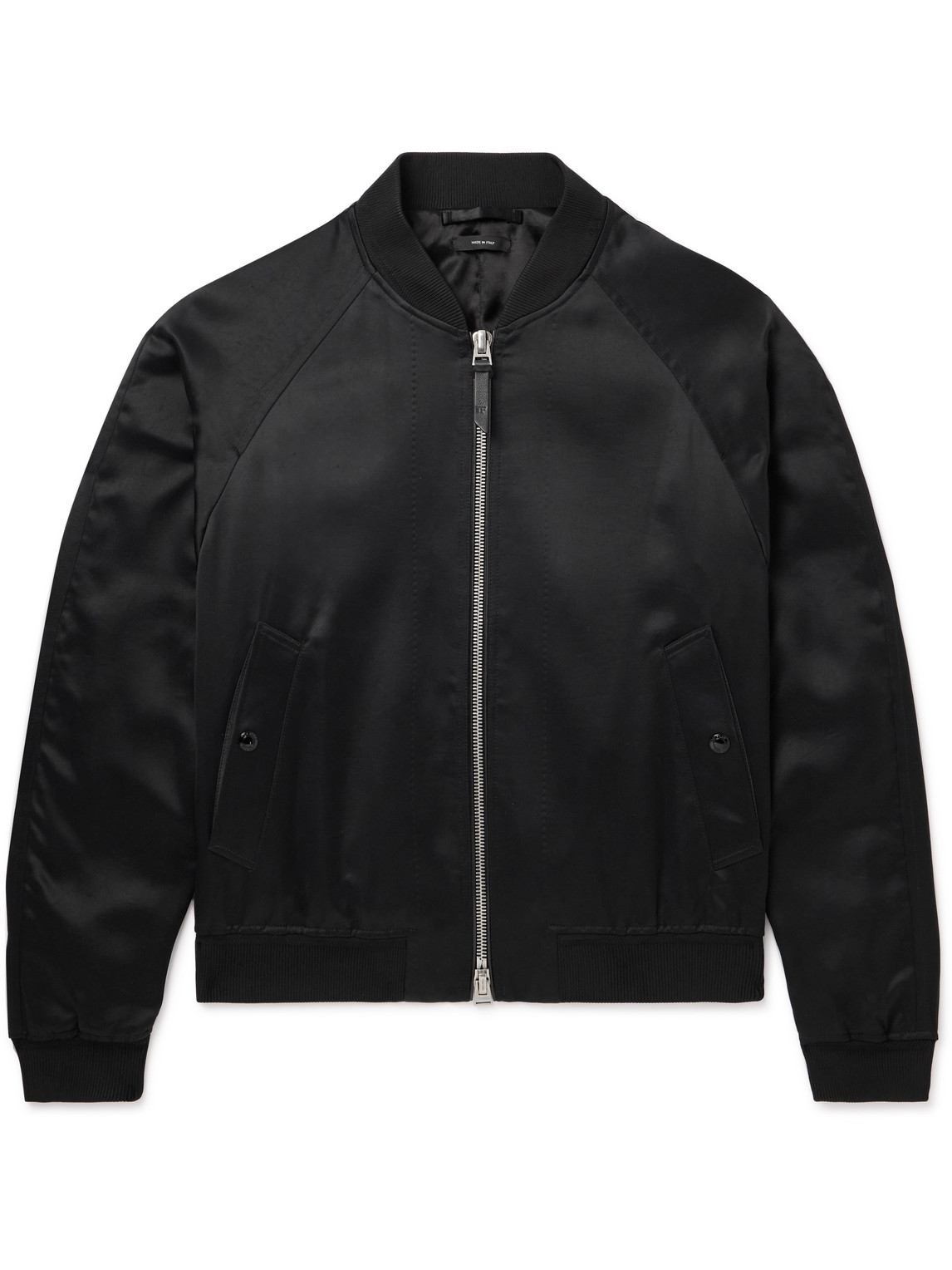 Leather-Trimmed Satin Bomber Jacket