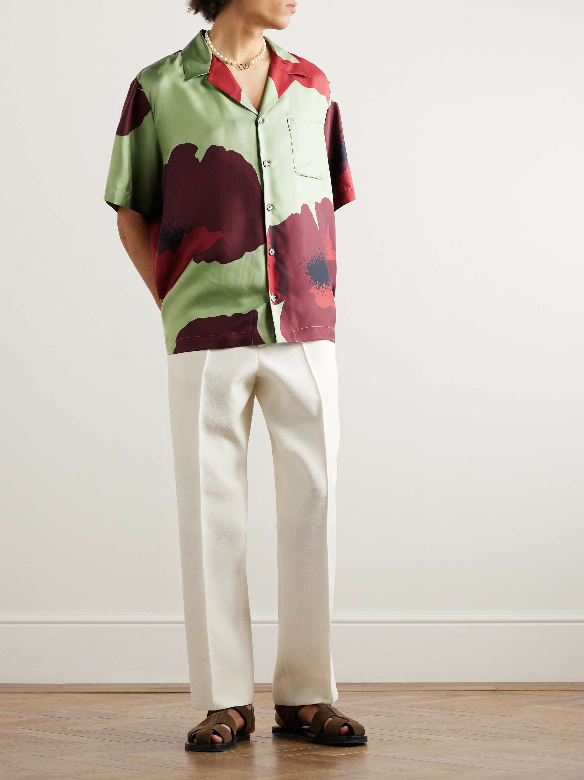 Camp Collar Floral Print Silk Twill Shirt