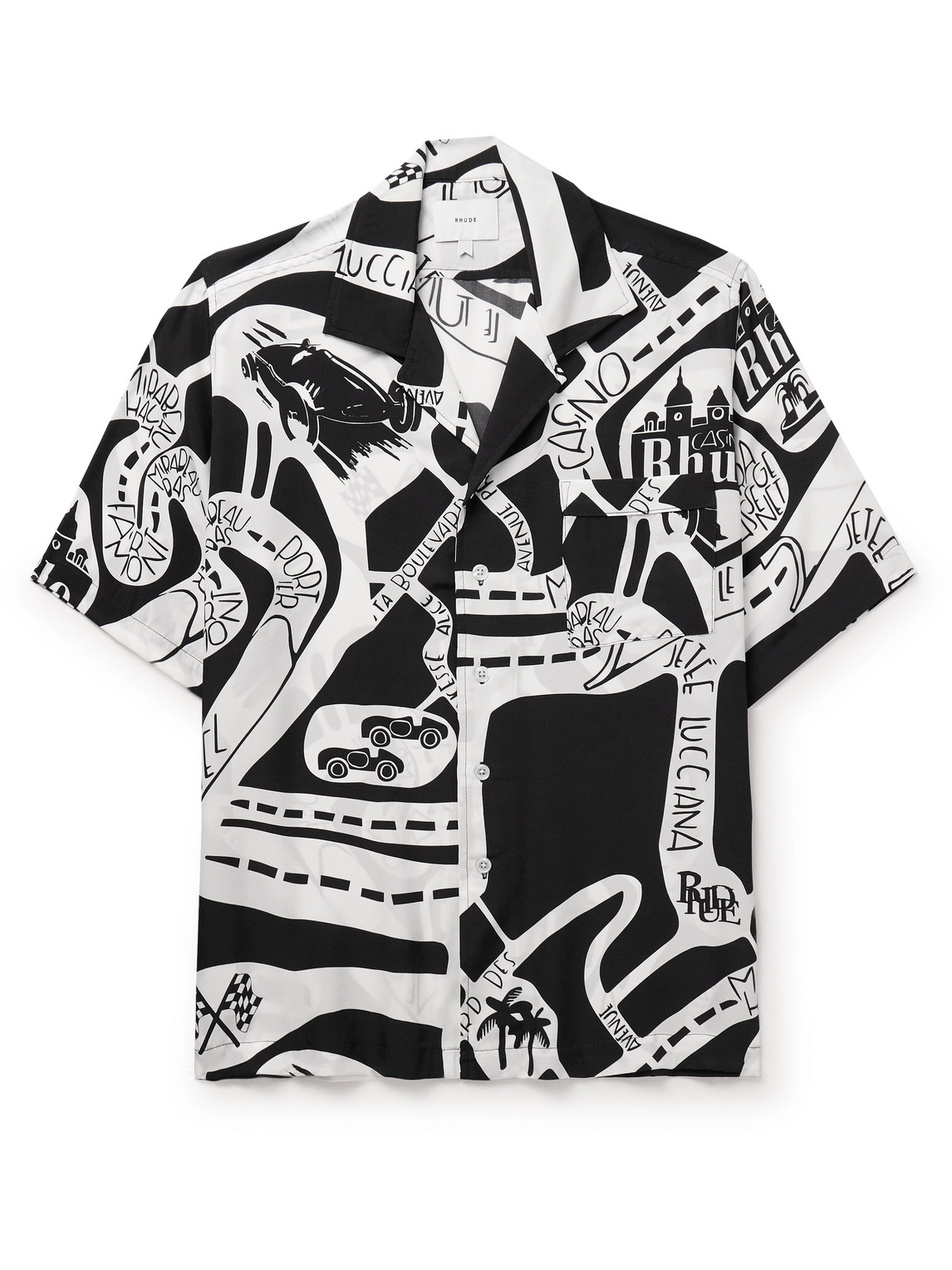 Shop Rhude Strada Camp-collar Logo-print Silk-twill Shirt In Black