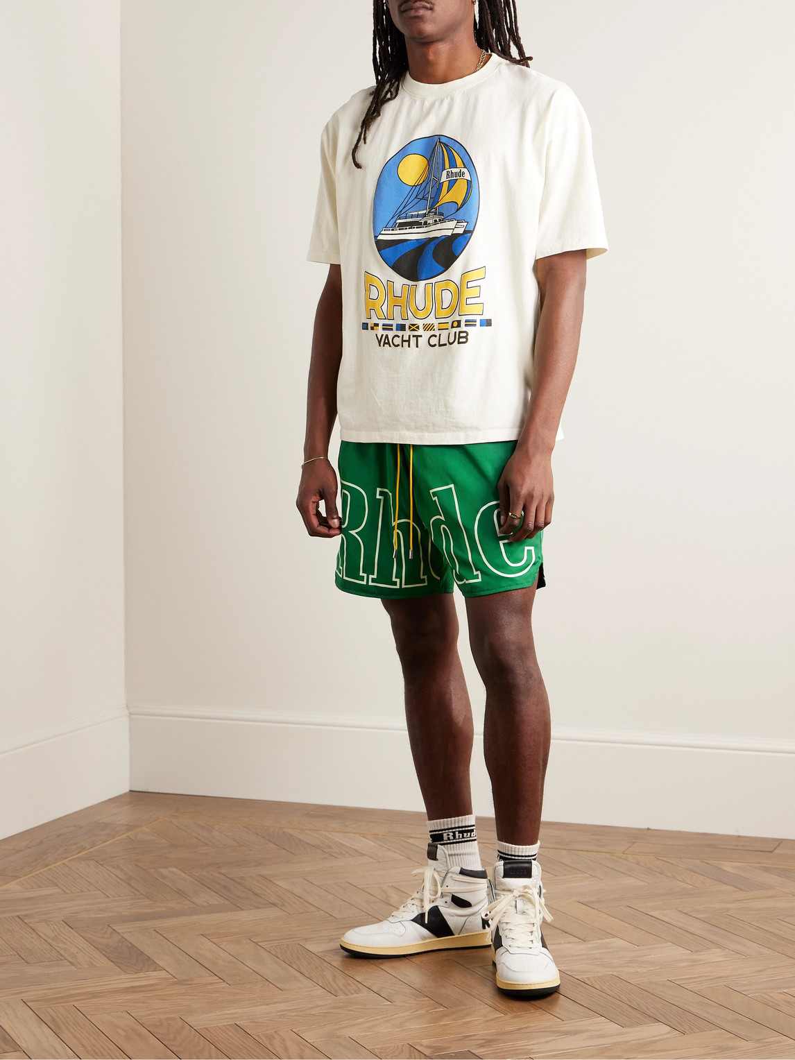 Shop Rhude Straight-leg Logo-print Nylon Drawstring Shorts In Green