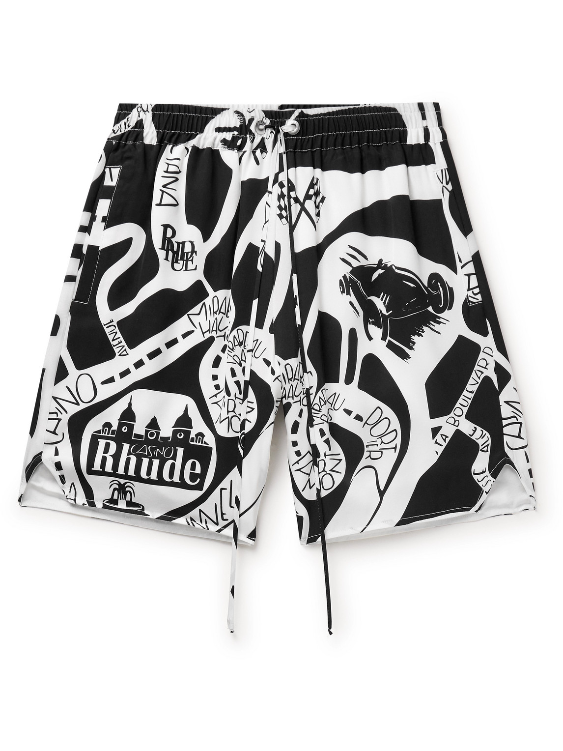 Rhude Strada Straight-leg Logo-print Silk-twill Drawstring Shorts In Black