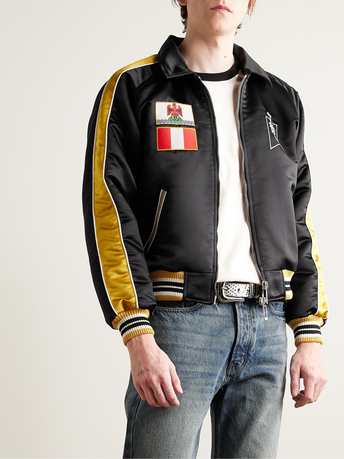 Shop Rhude Logo-embroidered Appliqued Striped Satin Bomber Jacket In Black