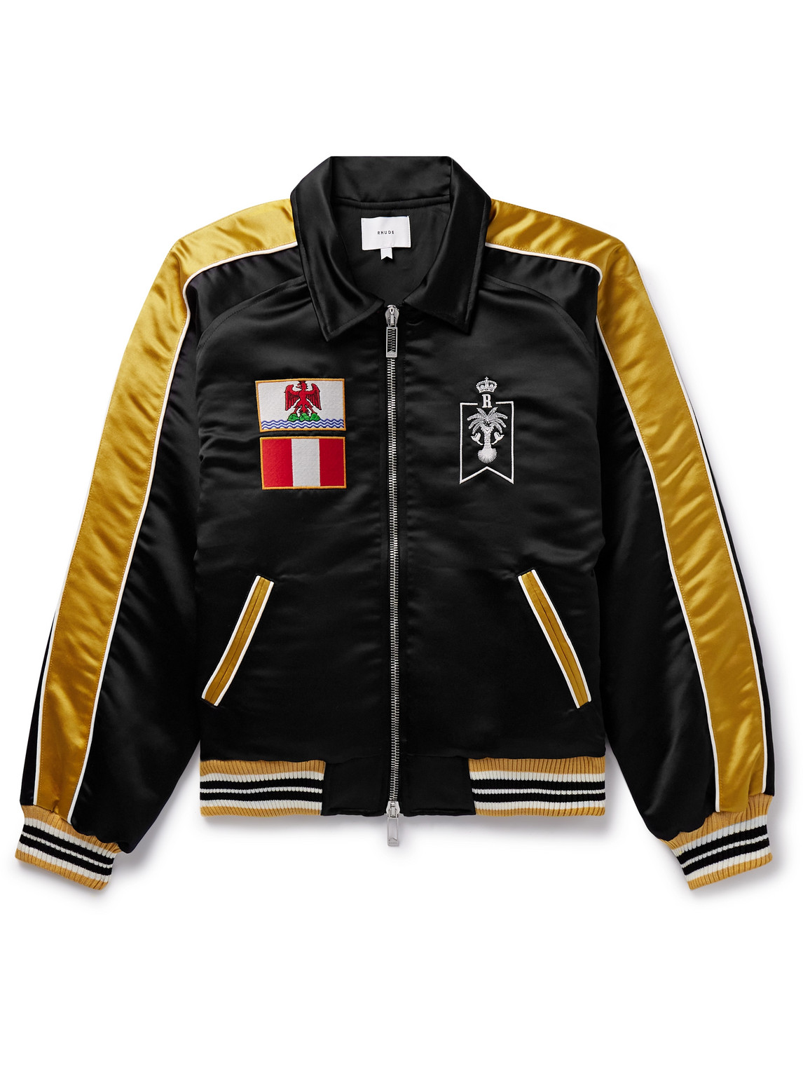 Logo-Embroidered Appliqued Striped Satin Bomber Jacket