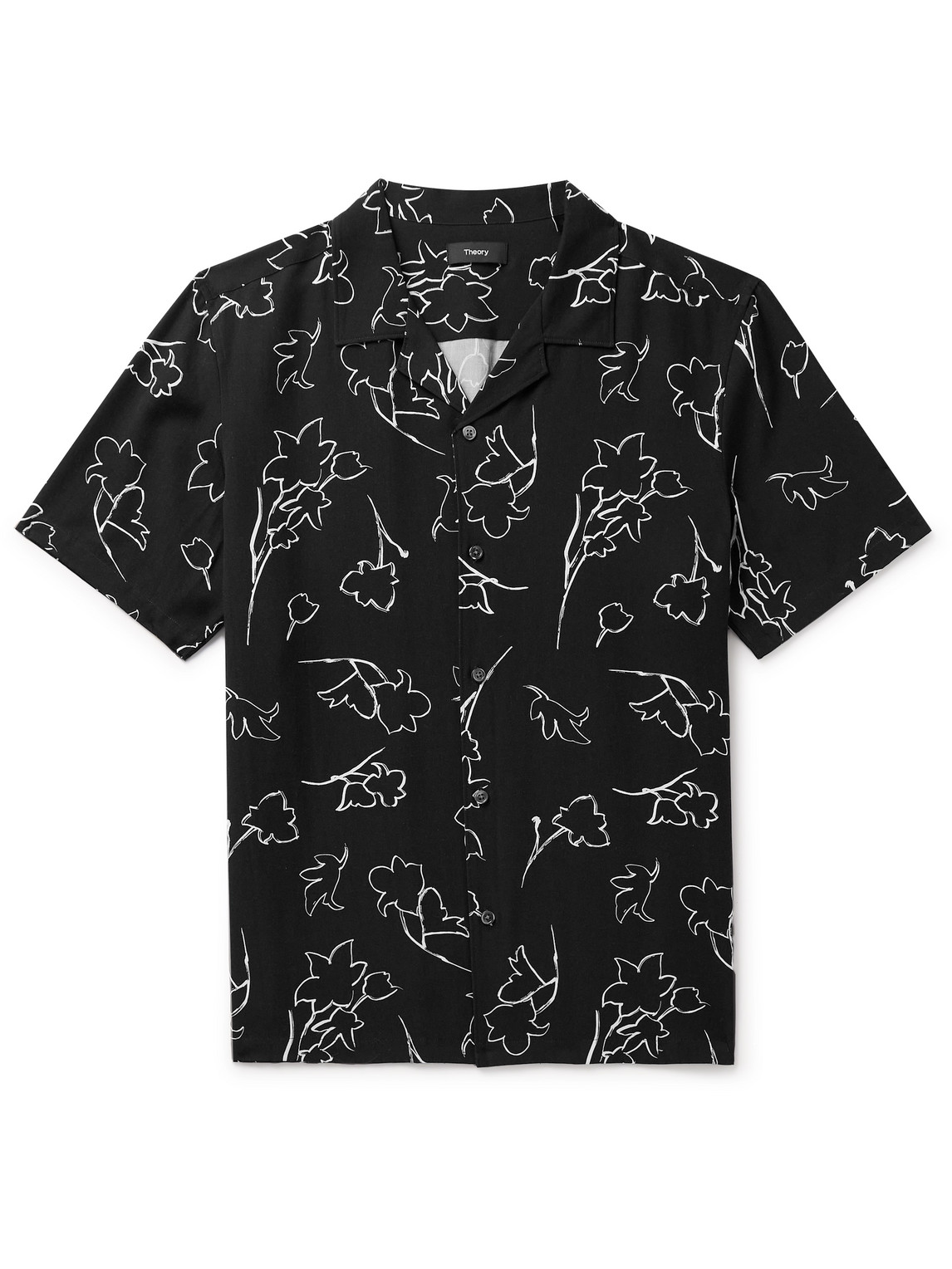 Theory Irving Camp-collar Floral-print Lyocell Shirt In Black