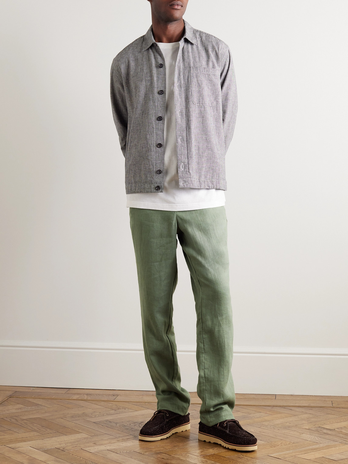 Shop Oliver Spencer Tapered Linen Drawstring Trousers In Green