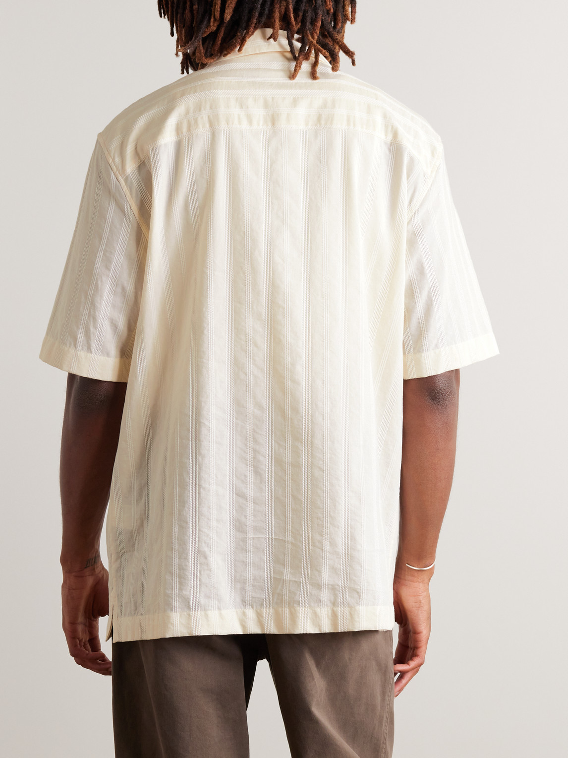 Shop Sunspel Convertible-collar Embroidered Striped Cotton Shirt In Neutrals