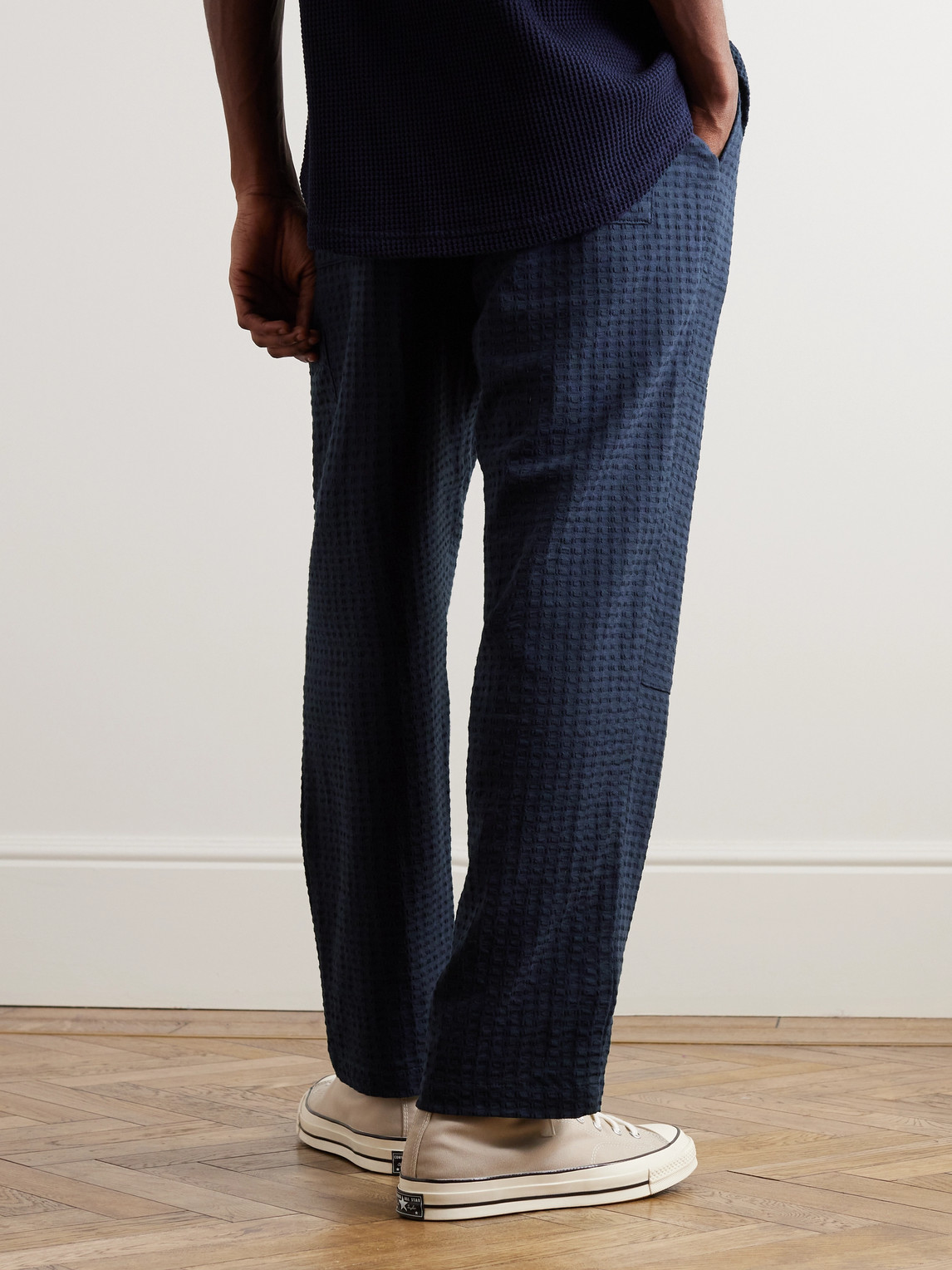 Shop Oliver Spencer Judo Tapered Organic Cotton-blend Jacquard Trousers In Blue