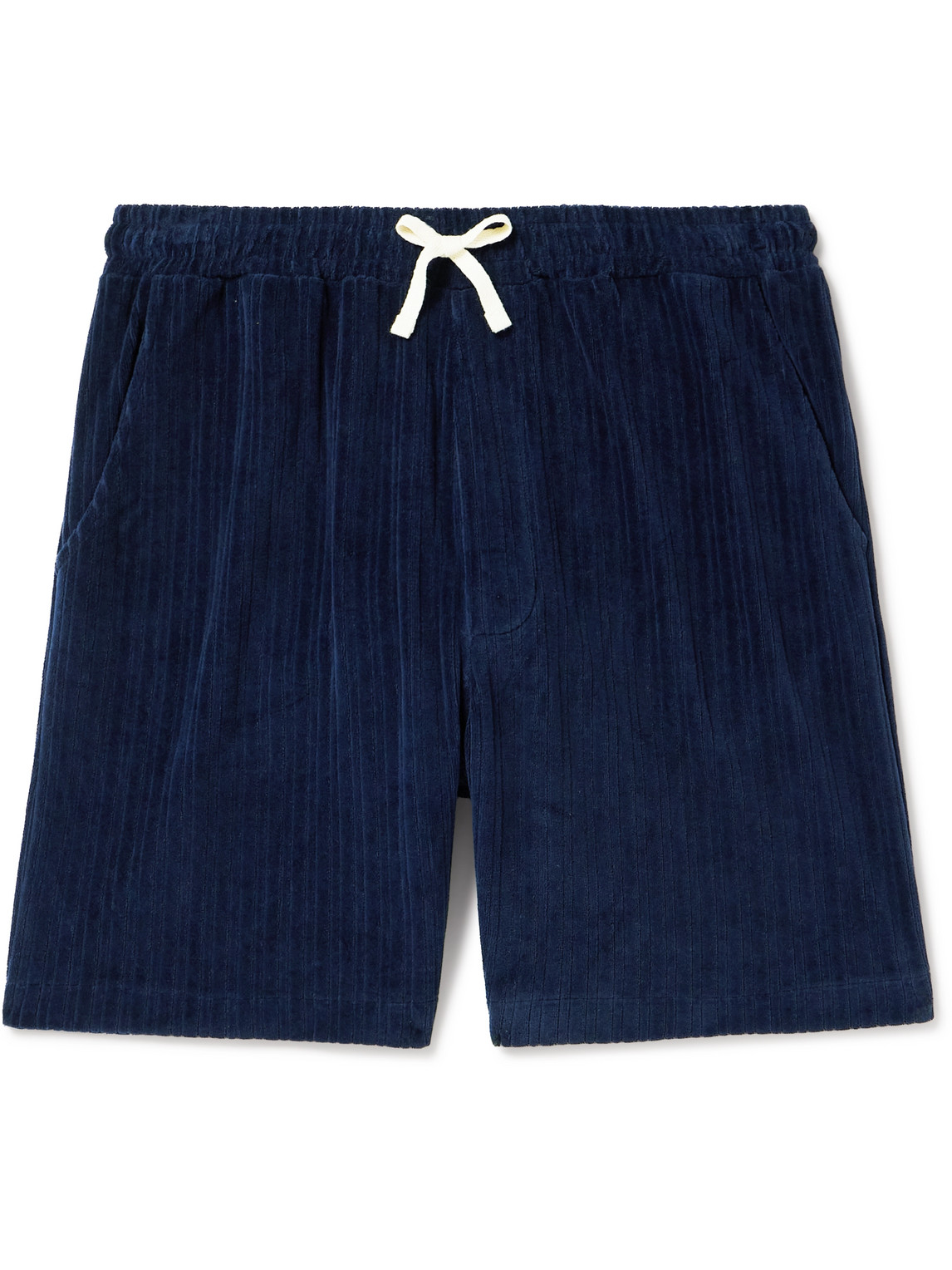 Shop Oliver Spencer Weston Straight-leg Ribbed Organic Cotton-blend Terry Drawstring Shorts In Blue