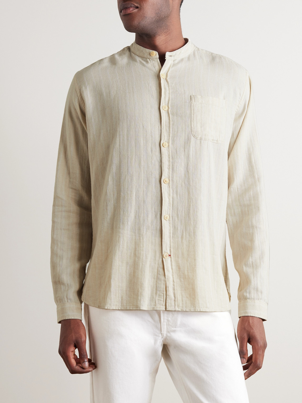Shop Oliver Spencer Grandad-collar Striped Cotton And Linen-blend Shirt In Neutrals