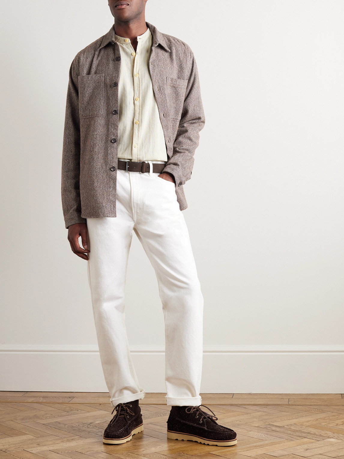 Shop Oliver Spencer Grandad-collar Striped Cotton And Linen-blend Shirt In Neutrals