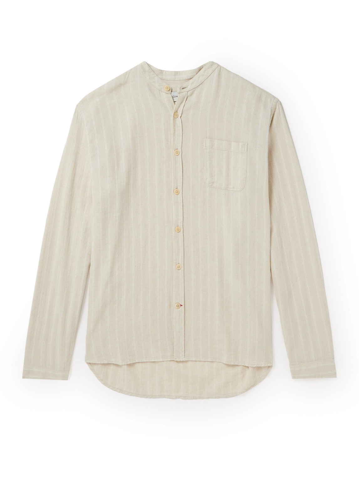 Oliver Spencer Grandad-collar Striped Cotton And Linen-blend Shirt In Neutrals