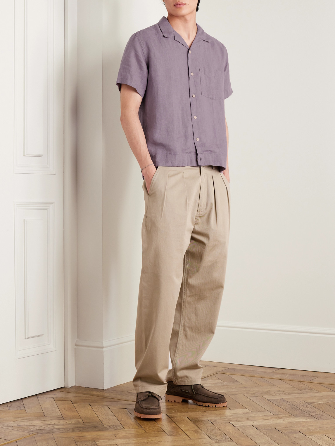 Shop Oliver Spencer Camp-collar Linen Shirt In Purple