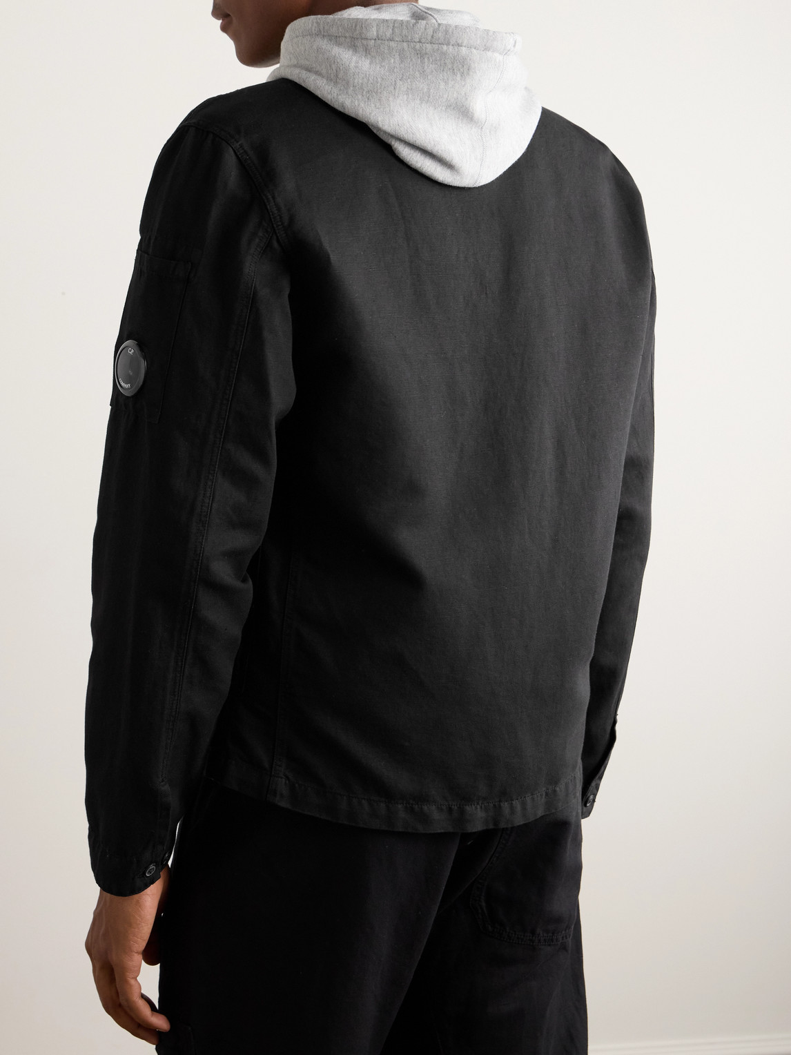 Shop C.p. Company Logo-appliquéd Cotton And Linen-blend Overshirt In Black