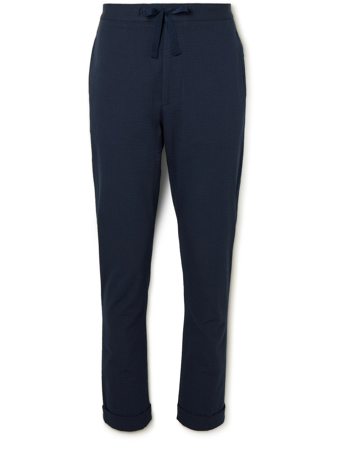 Shop Officine Generale Joseph Straight-leg Cotton-seersucker Drawstring Suit Trousers In Blue