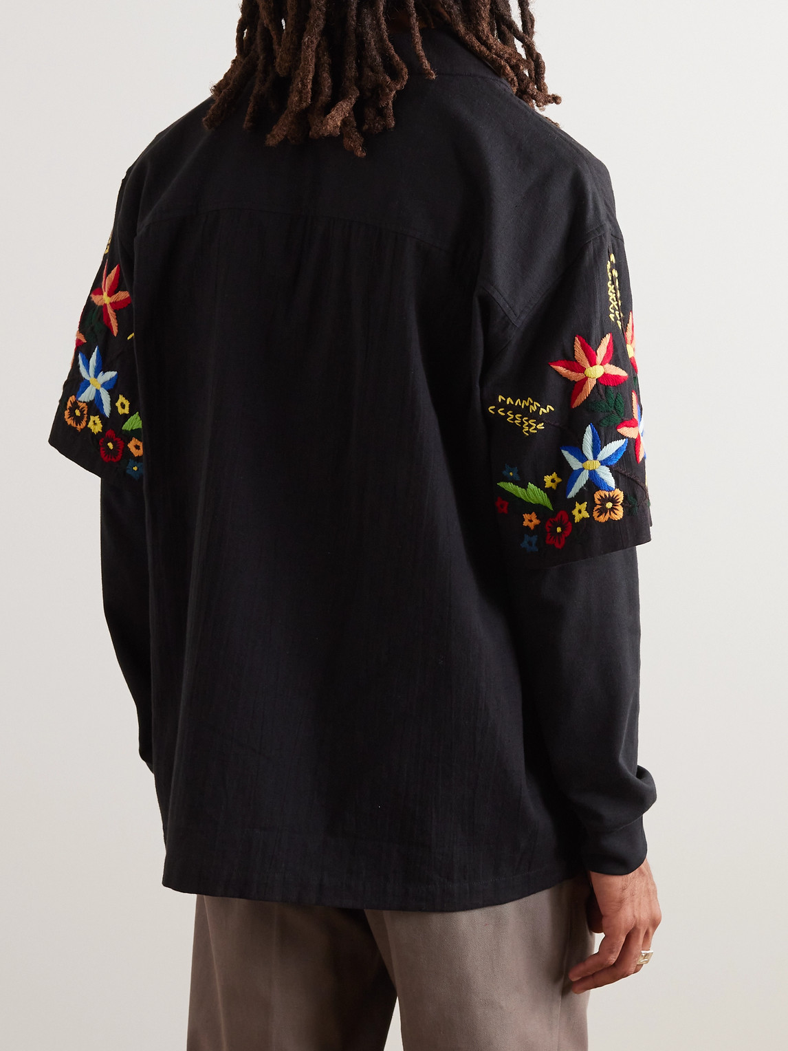 Shop Ymc You Must Create Idris Convertible-collar Embroidered Cotton And Linen-blend Shirt In Black
