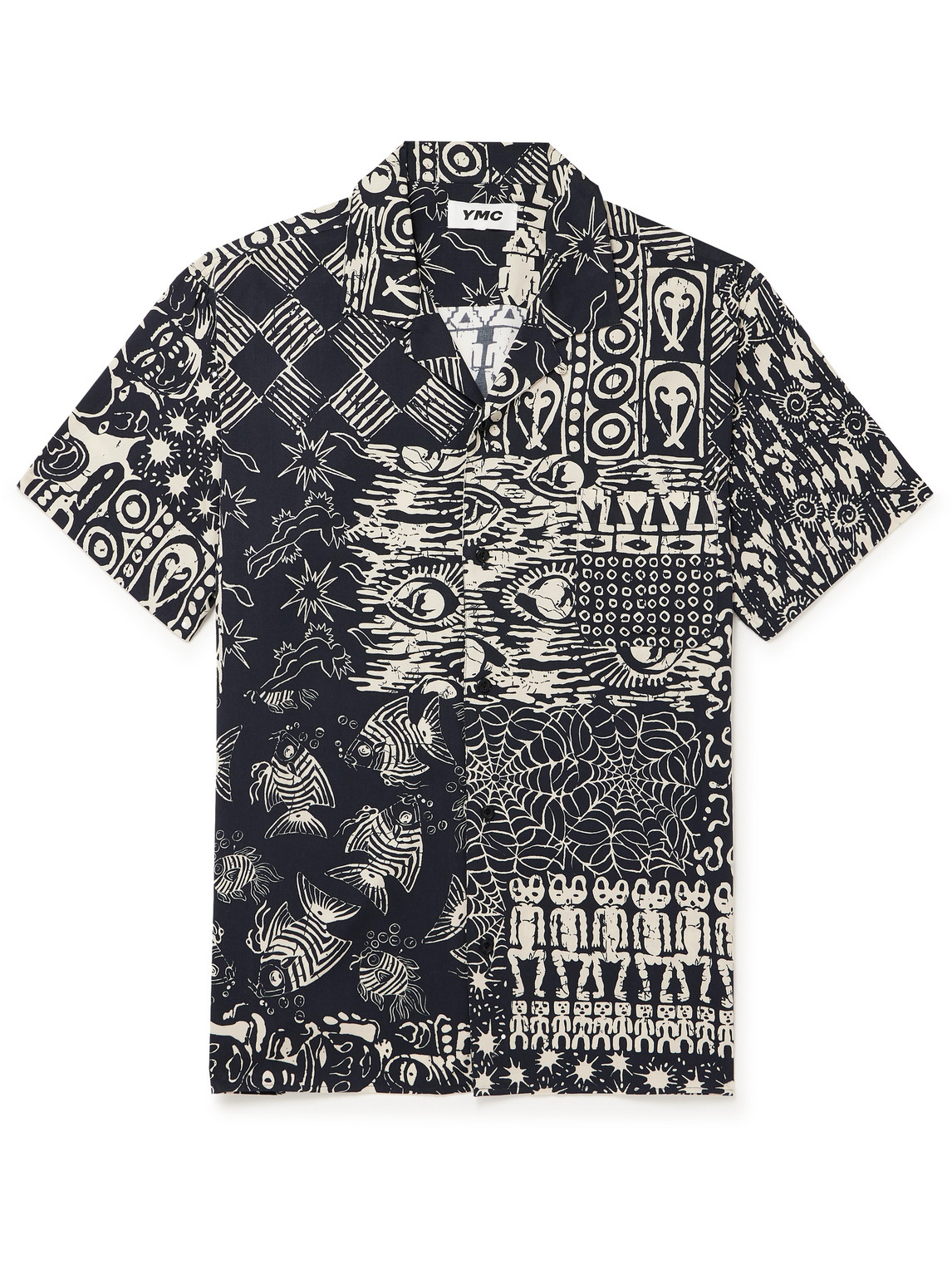 Shop Ymc You Must Create Malick Convertible-collar Printed Twill Shirt In Black